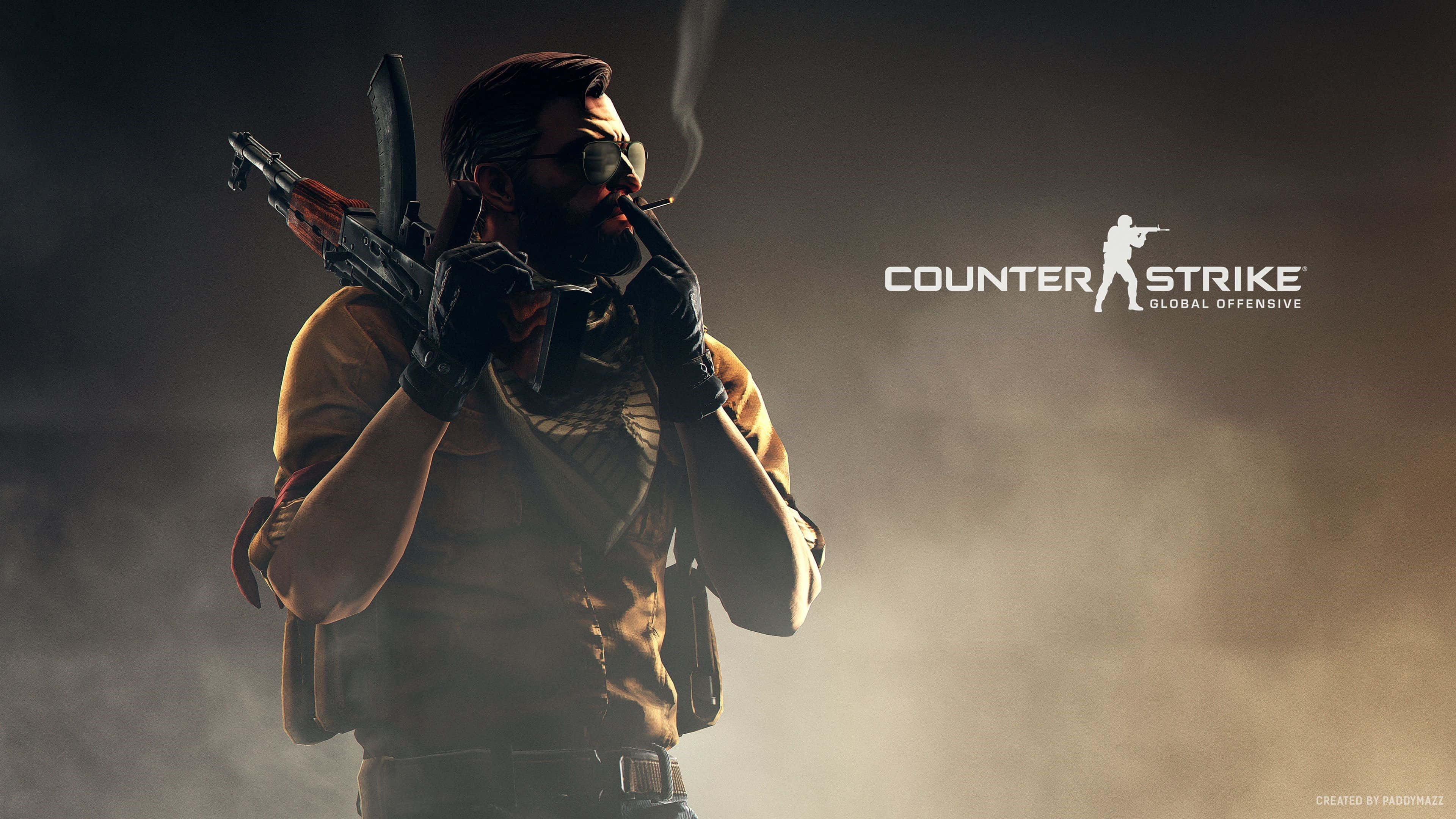 Cs 桌布 壁紙 — 一名粗獷的Counter-Strike士兵在煙霧瀰漫中抽煙，手持步槍。