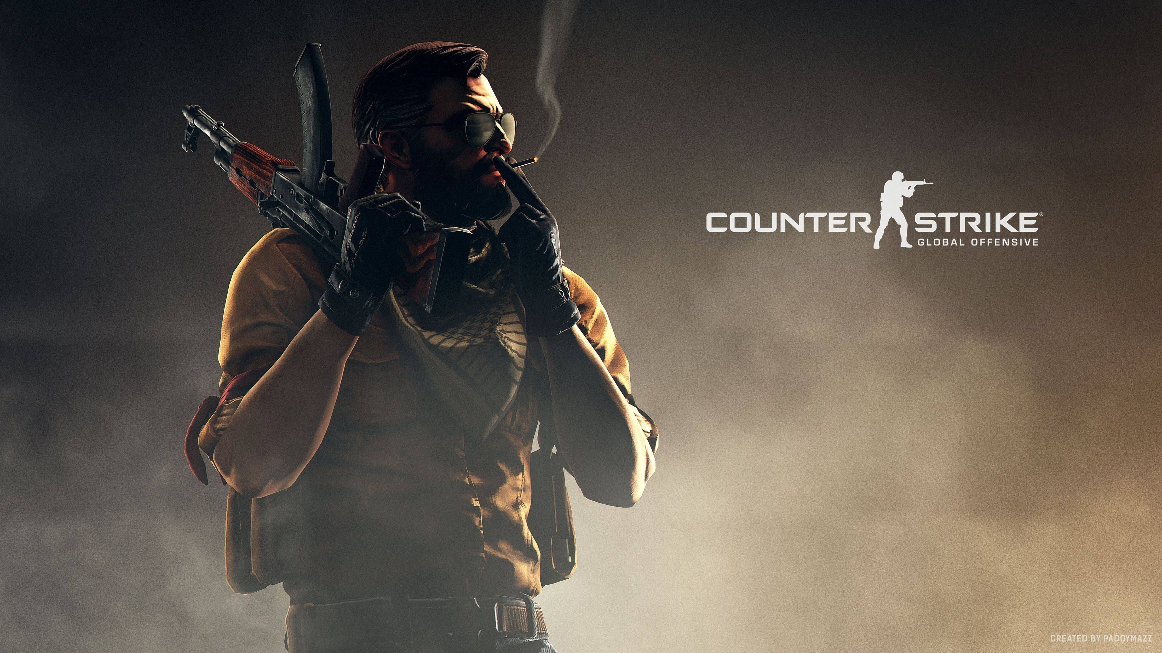 電玩遊戲 桌布 壁紙 — 一名粗獷的Counter-Strike士兵手持步槍和冒煙的雪茄，在煙霧瀰漫的薄霧中，在戲劇性的燈光下站立。