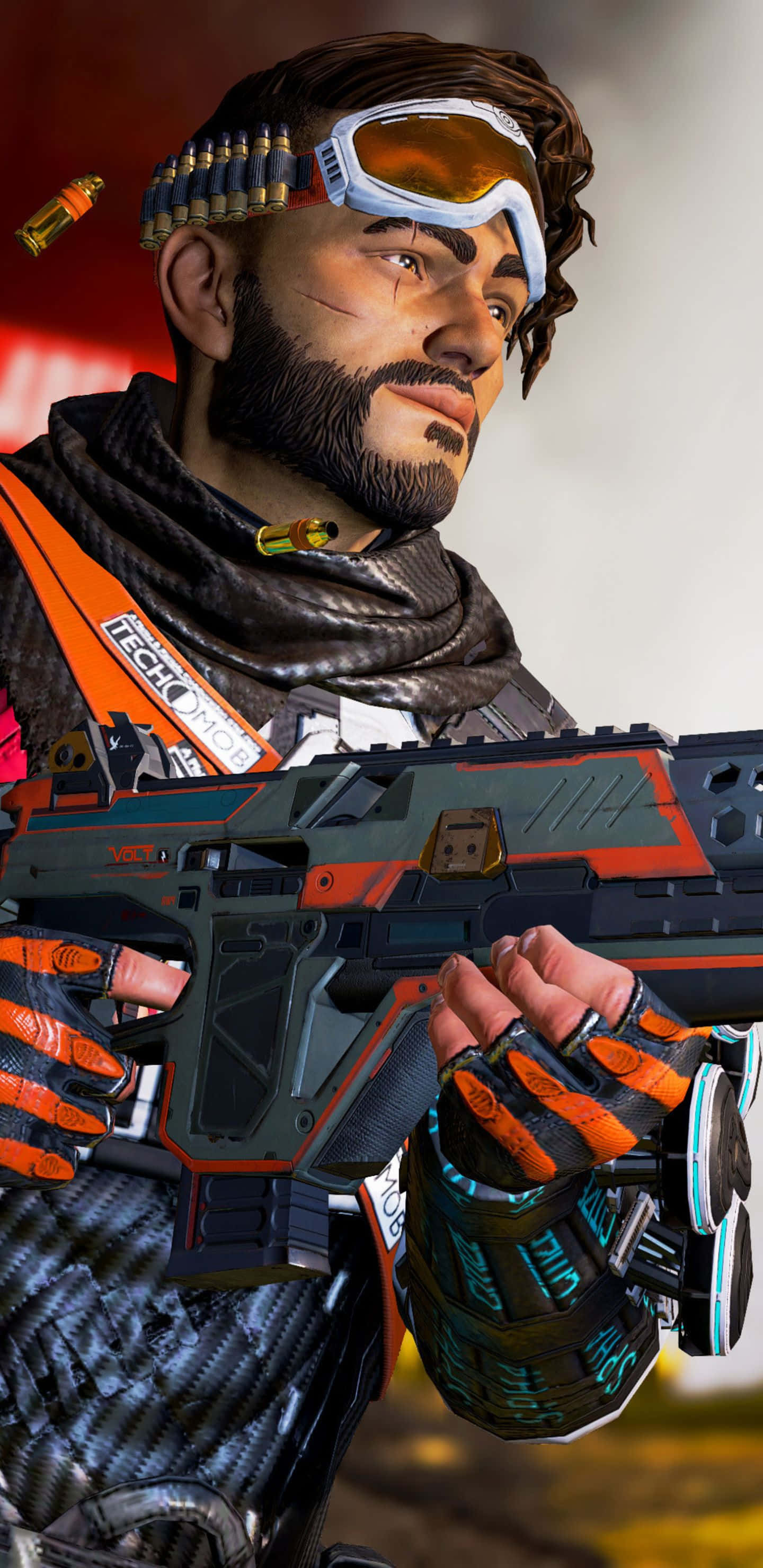 Pixel 3xl Apex Legends 桌布 壁紙 — 一名粗獷的士兵戴著護目鏡和鬍子，握著一把未來風格的橙色和黑色步槍，背景是模糊的火光。