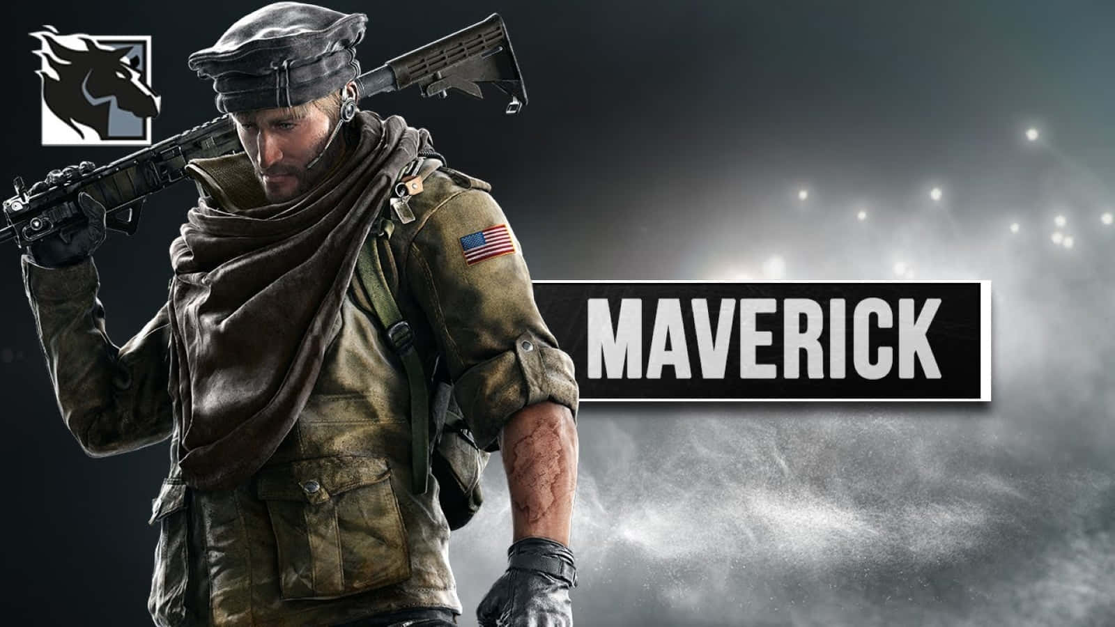 Rainbow Six Siege Maverick 桌布 壁紙 — 一名粗獷的士兵肩上掛著步槍，站在煙霧瀰漫的黑暗中，名字 'MAVERICK' 顯眼地展示出來。