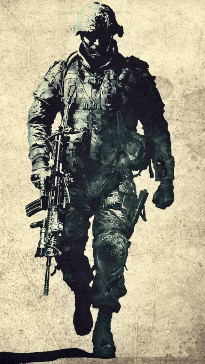 軍隊 桌布 壁紙 — 一名粗獷的士兵身穿全套戰鬥裝備，手持步槍，在風化的羊皮紙背景上向前邁進。