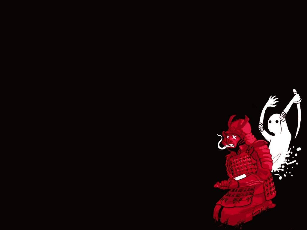 Seppuku 桌布 壁紙 — 一名紅色武士戰士跪地戰敗，而一個白色幽靈在他身後高舉劍，背景為黑色。