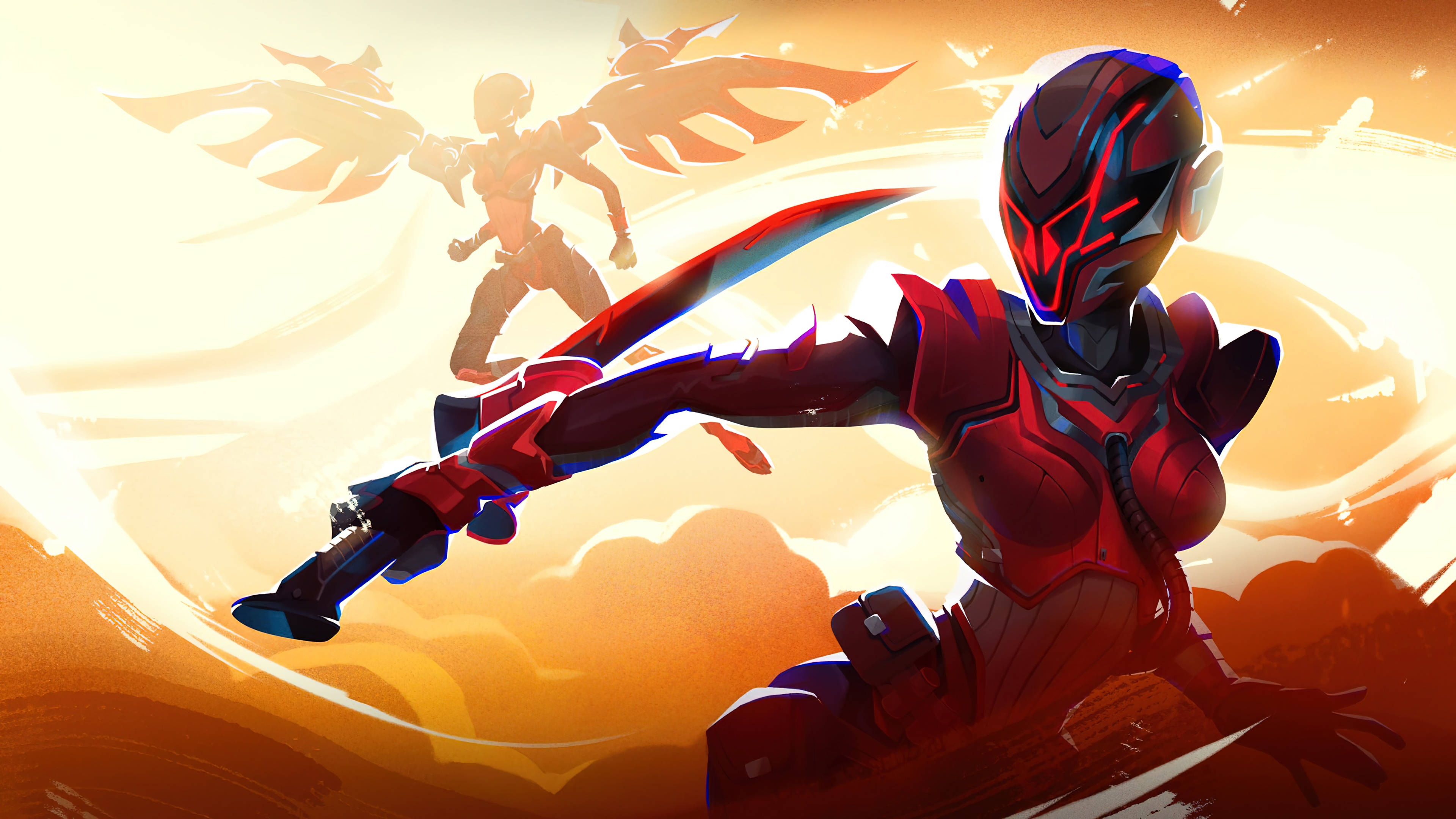 Fortnite Chapter 3 桌布 壁紙 — 一名紅色裝甲戰士，雙眼發光，手持劍，在熾熱的日落背景下向前衝刺，身後有一個帶翅膀的身影。