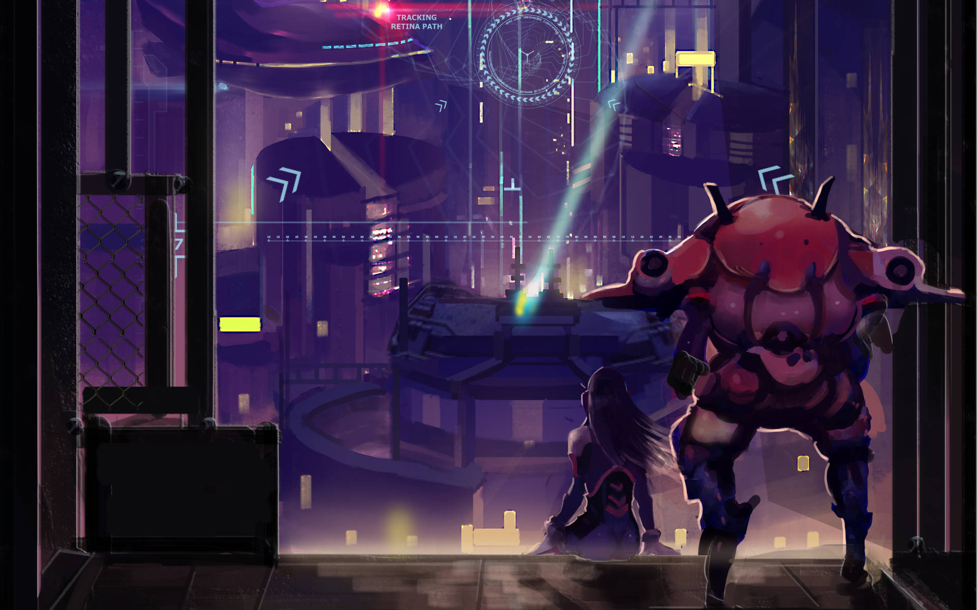 D.Va 桌布 壁紙 — 一名紅色裝甲戰士站在一個跪著的人物旁邊，身處夜晚霓虹閃爍的未來城市景觀中。