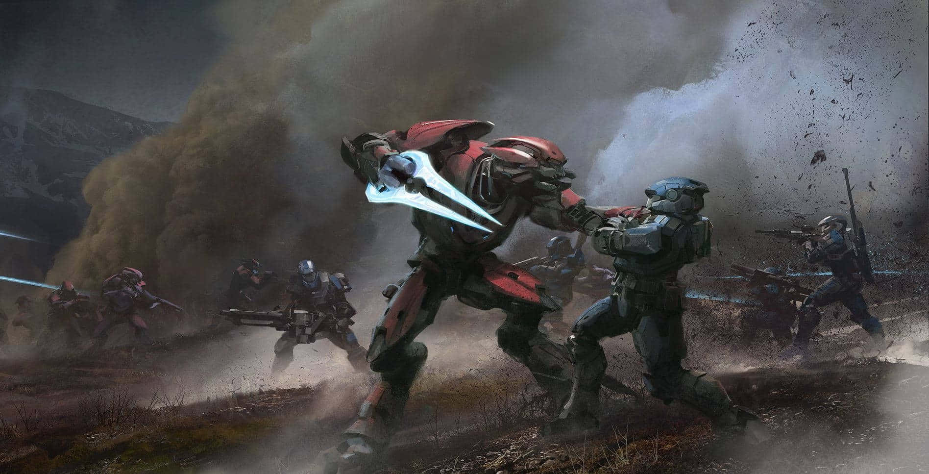 Halo Infinite 桌布 壁紙 — 一名紅色裝甲戰士與一名藍色裝甲士兵在塵土飛揚的戰場上交鋒，煙霧瀰漫，戰友們在他們周圍戰鬥。