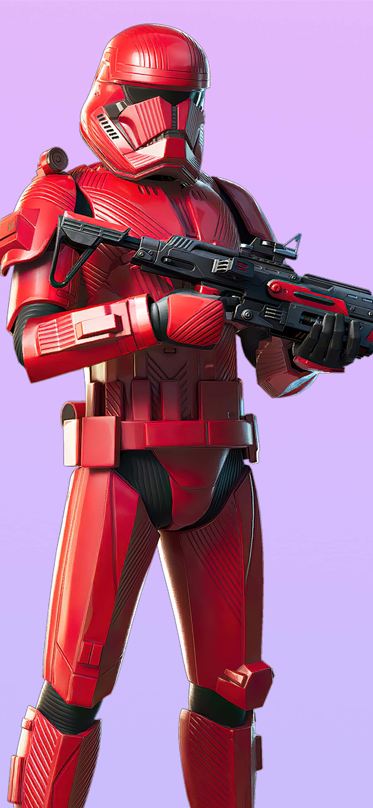 Ruby Fortnite Skin 桌布 壁紙 — 一名紅色裝甲風暴兵身穿全套裝備，手持爆能槍，站在柔和的紫色背景前。