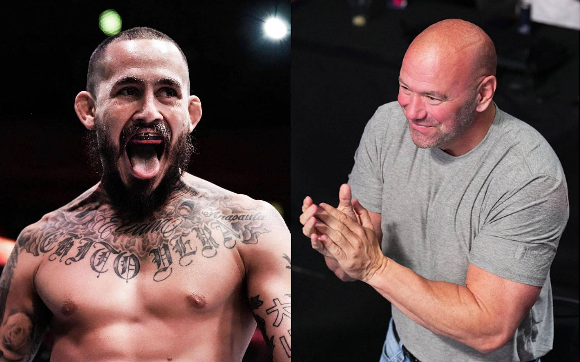 UFC 桌布 壁紙 — 一名紋身鬥士在競技場燈光下，在一位光頭男子鼓掌讚許的旁邊，發出勝利的咆哮。