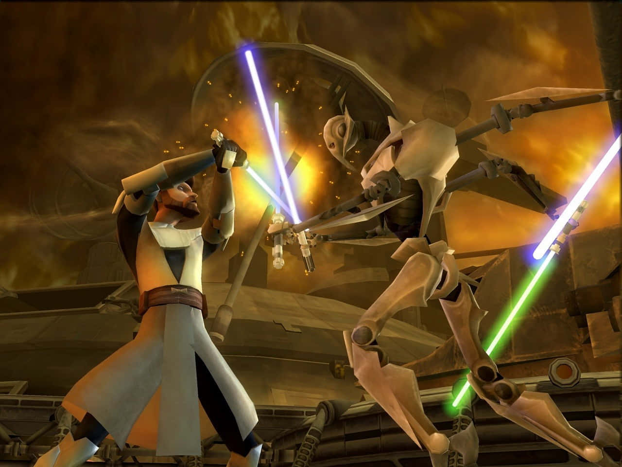 Lightsaber Duel 桌布 壁紙 — 一名絕地武士在熾熱的工業競技場中，揮舞著藍色和綠色的光劍，與戰鬥機器人交鋒。