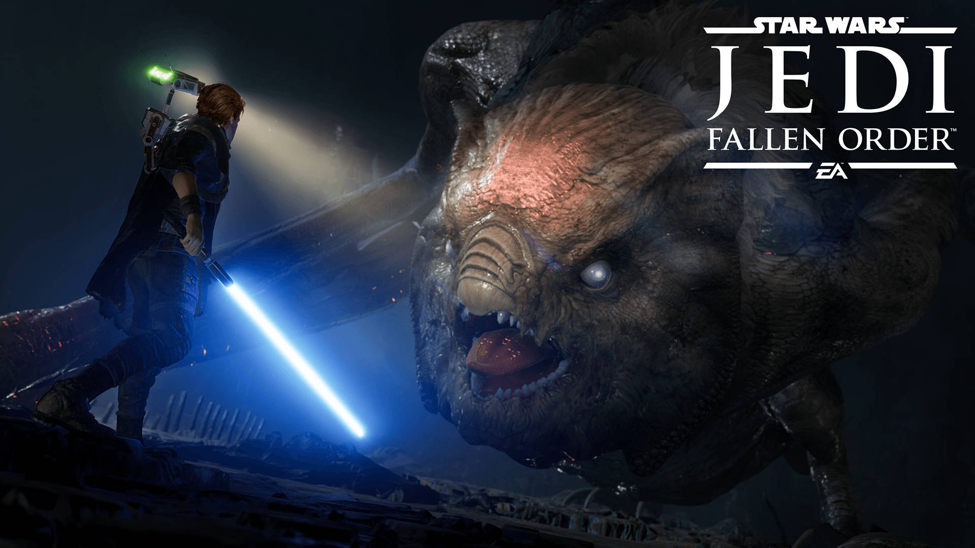Jedi 桌布 壁紙 — 一名絕地武士在黑暗、 gritty 的科幻場景中揮舞藍色光劍對抗巨大的怪物。