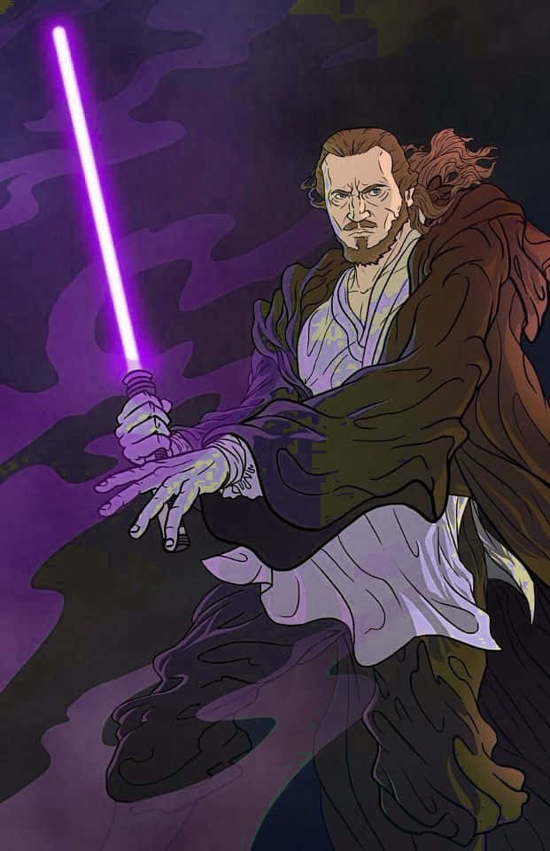 Qui-gon Jinn 桌布 壁紙 — 一名絕地武士揮舞著發光的紫色光劍，背景是旋轉的深紫色。