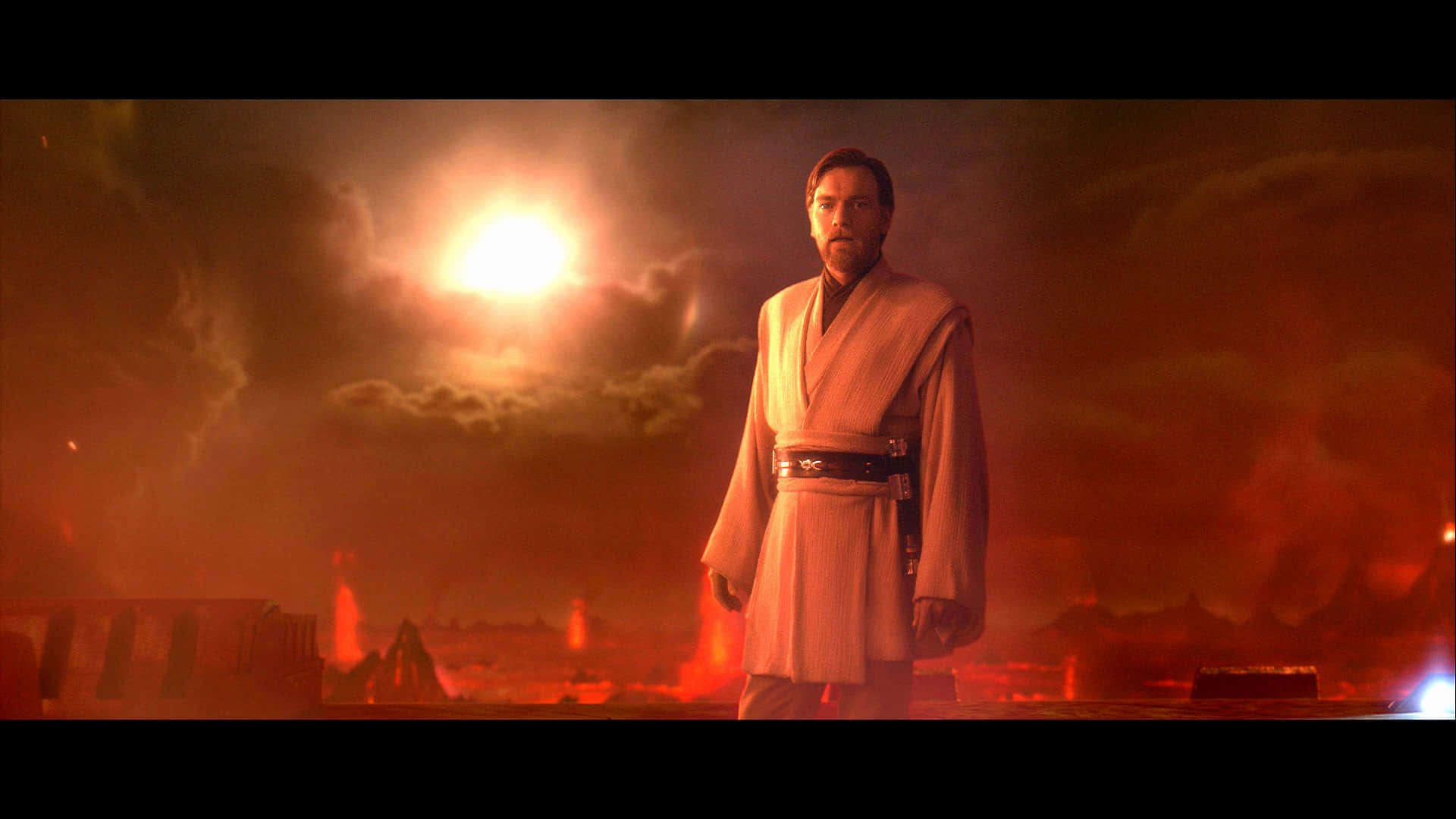 Mustafar 桌布 壁紙 — 一名絕地武士莊嚴地站在熾熱的外星景觀中，烈日當空，投下長長的影子。