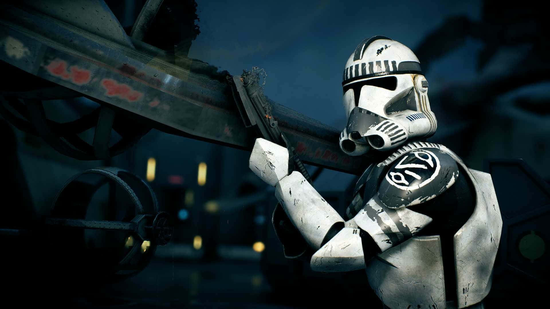 Kamino 桌布 壁紙 — 一名經歷戰鬥、身穿白色裝甲的克隆人士兵，在昏暗的工業環境中手持爆能步槍準備就緒。