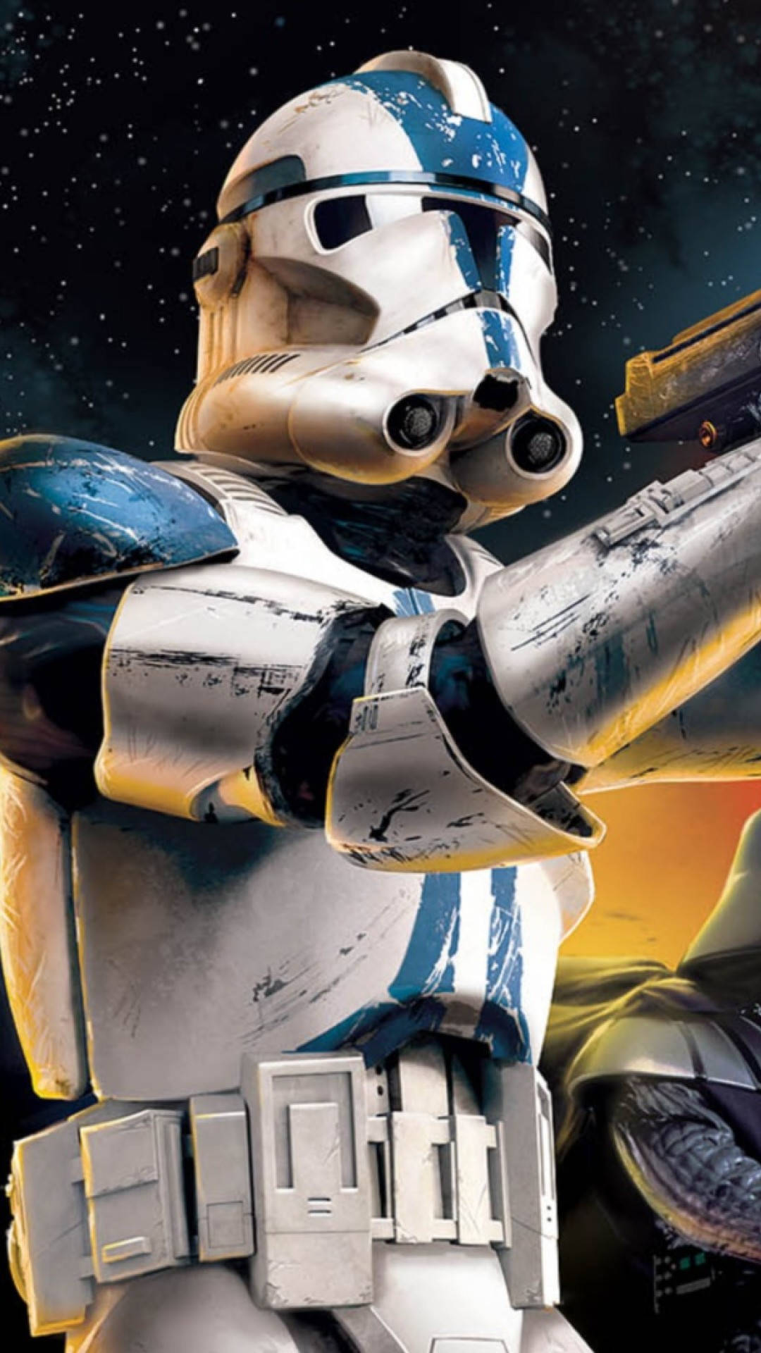 star wars iPhone 6 plus 桌布 壁紙 — 一名經歷戰鬥的克隆人士兵，身穿白色和藍色裝甲，在星光閃爍的太空背景下，瞄準一把爆能槍，周圍有熾熱的橙色光芒。
