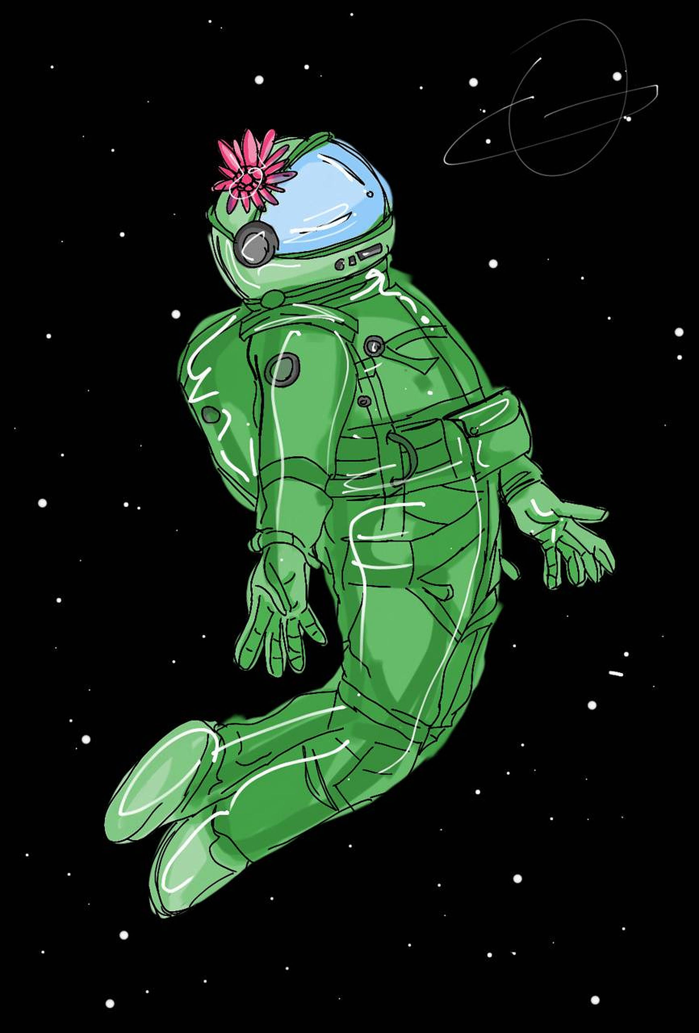 US 桌布 壁紙 — 一名綠色太空人在星空黑色背景中漂浮，頭盔上有一朵粉紅色的花。