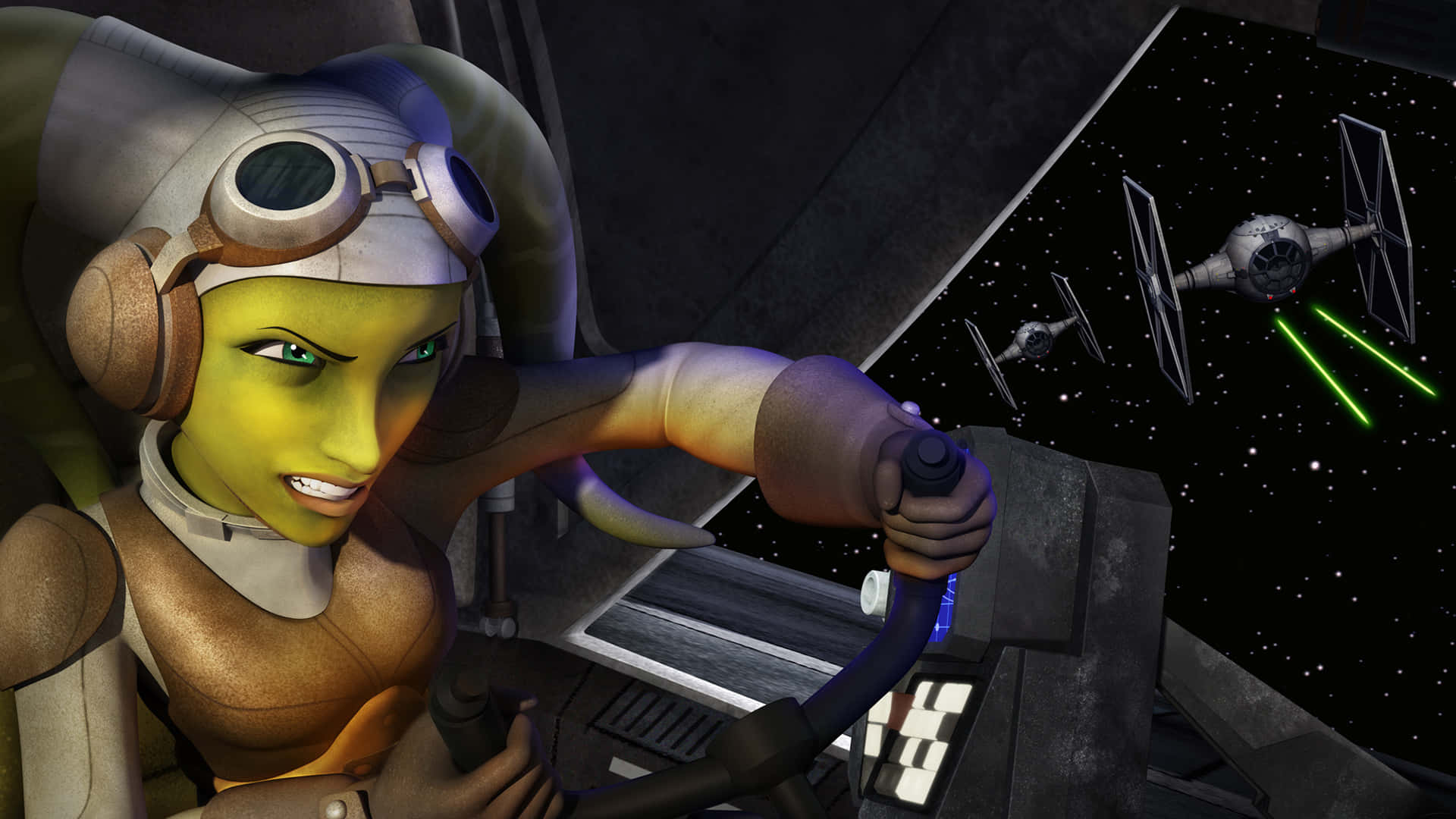 The Rebellion 桌布 壁紙 — 一名綠色皮膚的飛行員在駕駛艙中與TIE戰鬥機作戰，綠色激光火線劃過星空虛空。