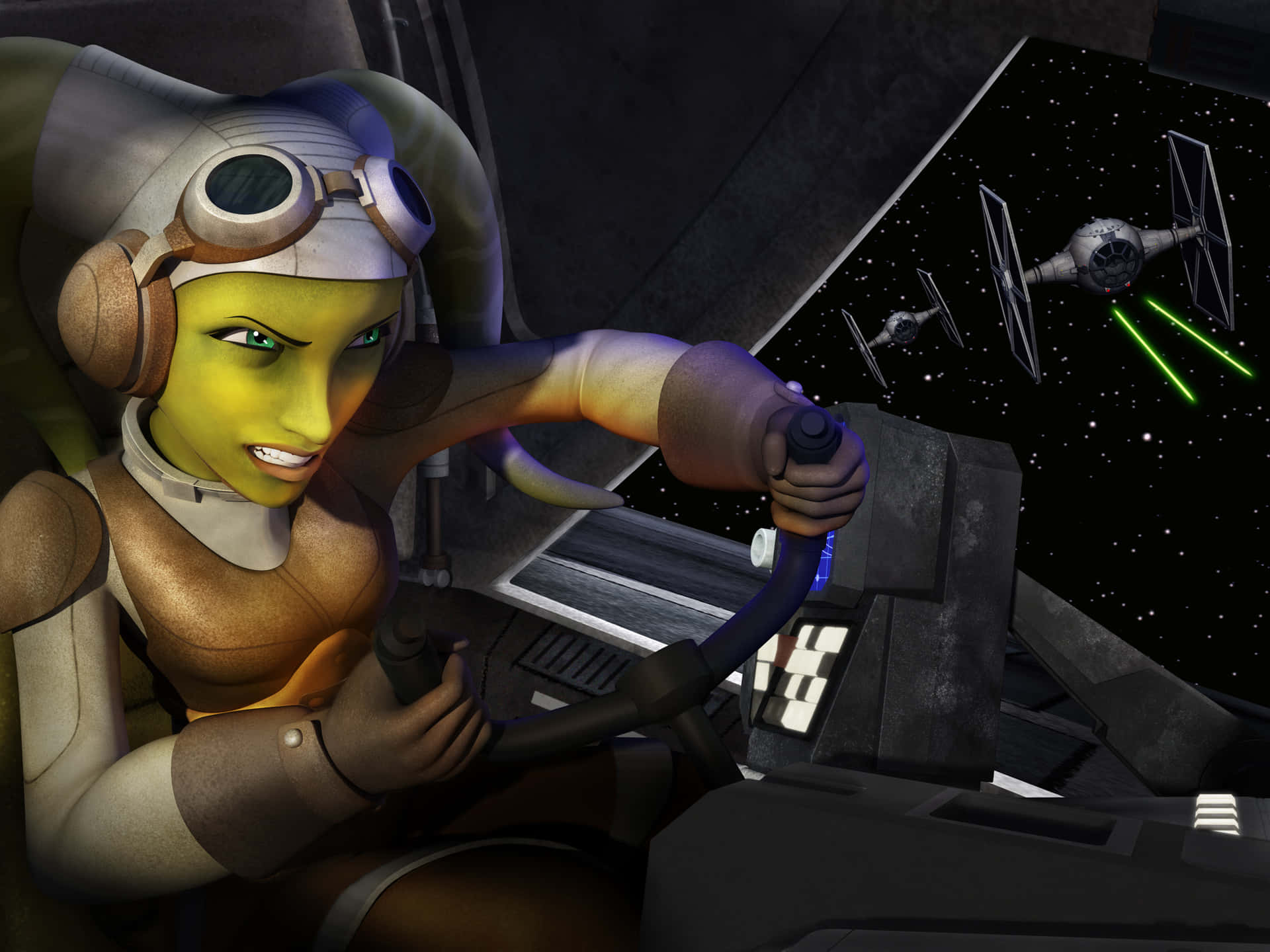 Twi'lek 桌布 壁紙 — 一名綠色皮膚的飛行員戴著護目鏡，在太空中猛烈操控星際戰機，而TIE戰機在附近發射綠色雷射。