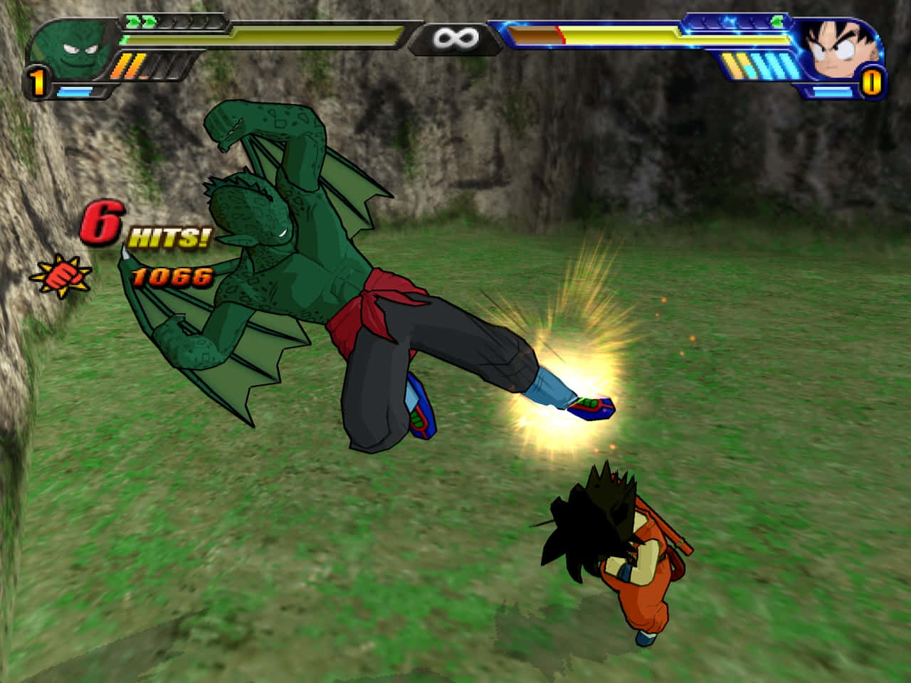 Dbz Video Games 桌布 壁紙 — 一名綠色龍形戰士在長滿草的山崖上施展發光踢擊，而一名身穿橙色衣服的對手則被打敗倒地。