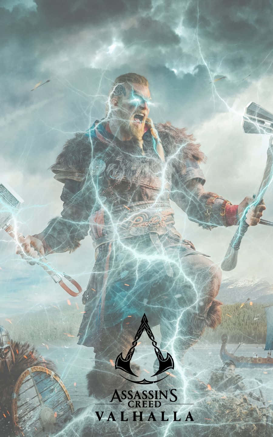 character 桌布 壁紙 — 一名維京戰士咆哮著，閃電在他周圍劈啪作響，他揮舞著兩把斧頭，背景是暴風雨的天空和遠處的船隻。