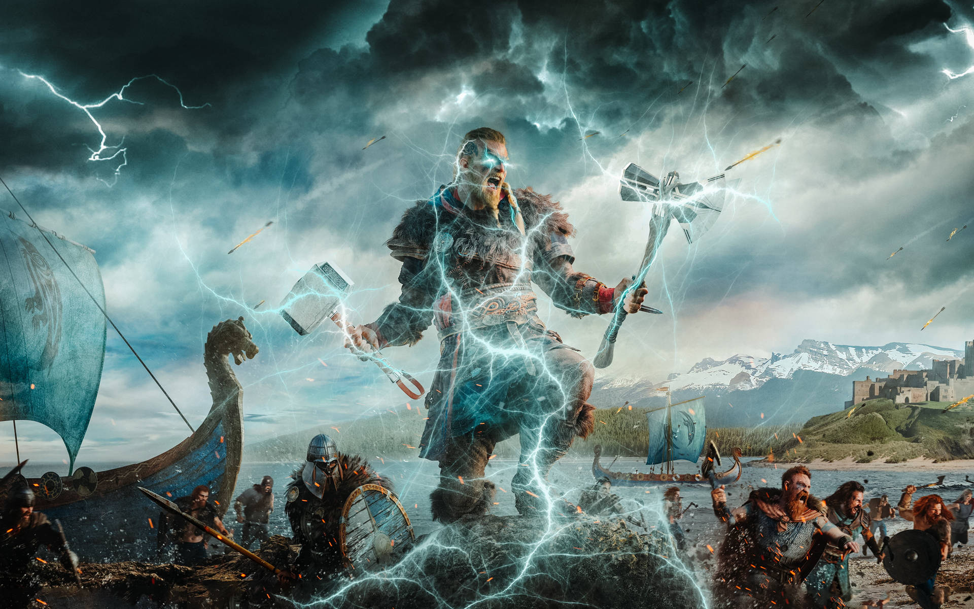 Vikings 桌布 壁紙 — 一名維京戰士在閃電中揮舞著發光的錘子，他的船員在雪山的龍頭長船上戰鬥。