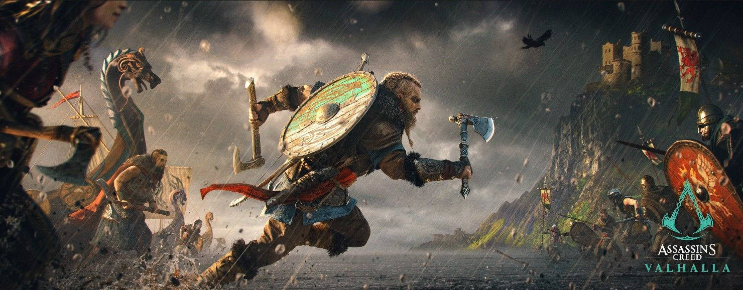 Valhalla 桌布 壁紙 — 一名維京戰士跳過暴風雨中的戰場，揮舞著斧頭和盾牌，敵人在黑暗的天空下交戰，遠處有一座城堡。