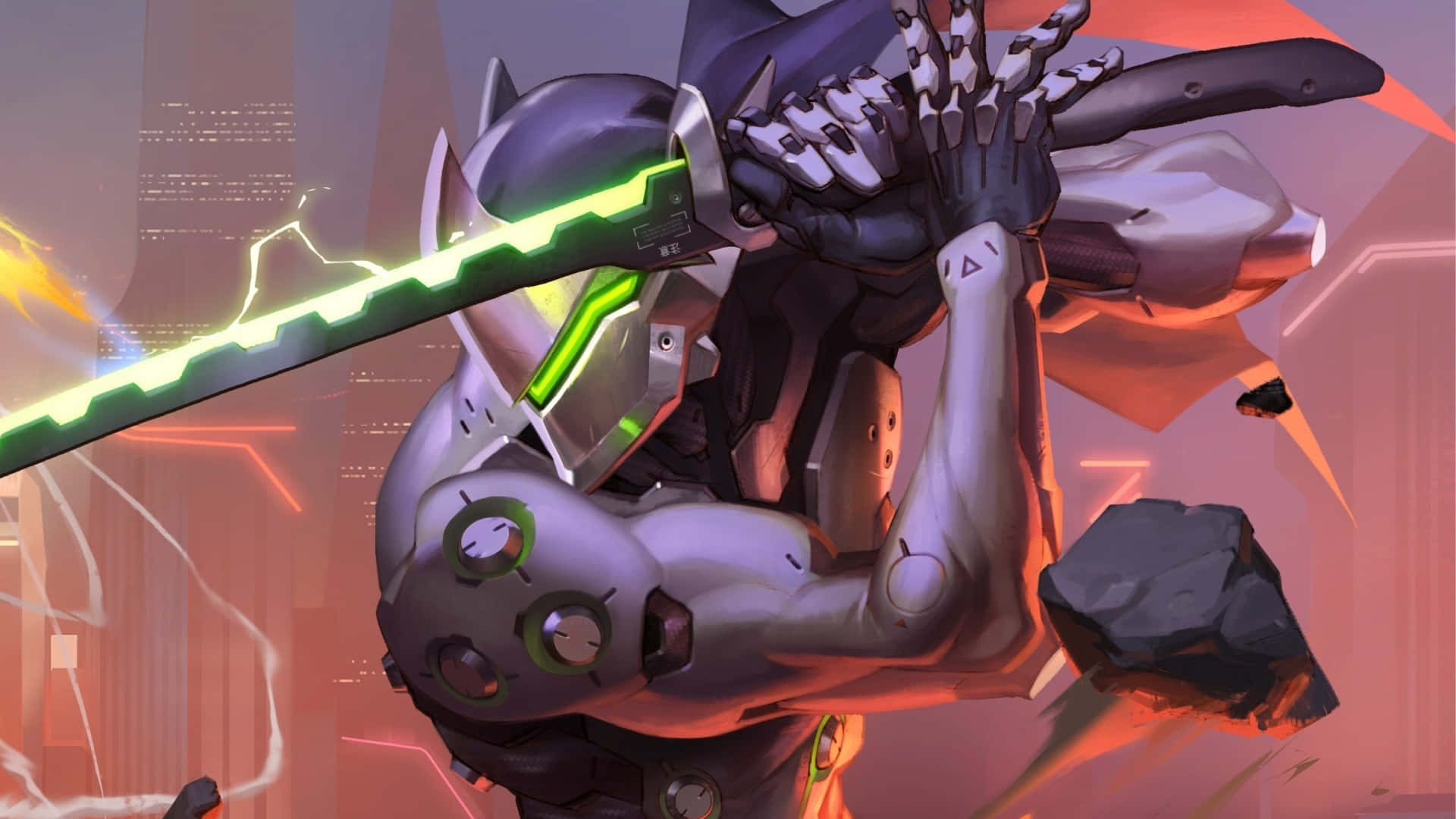Genji 4K 桌布 壁紙 — 一名網路戰士在一個被摧毀的城市戰場中揮舞著一把發光的綠色劍，伴隨著熾熱的能量效果。