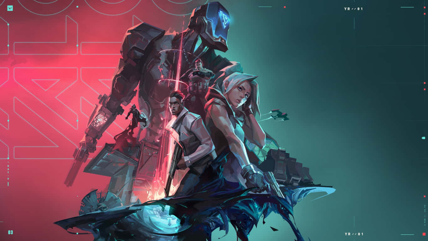 1366x768 Valorant 桌布 壁紙 — 一名網路龐克戰士和同伴手持發光武器，準備就緒，背景是霓虹紅和青綠色的數位背景。