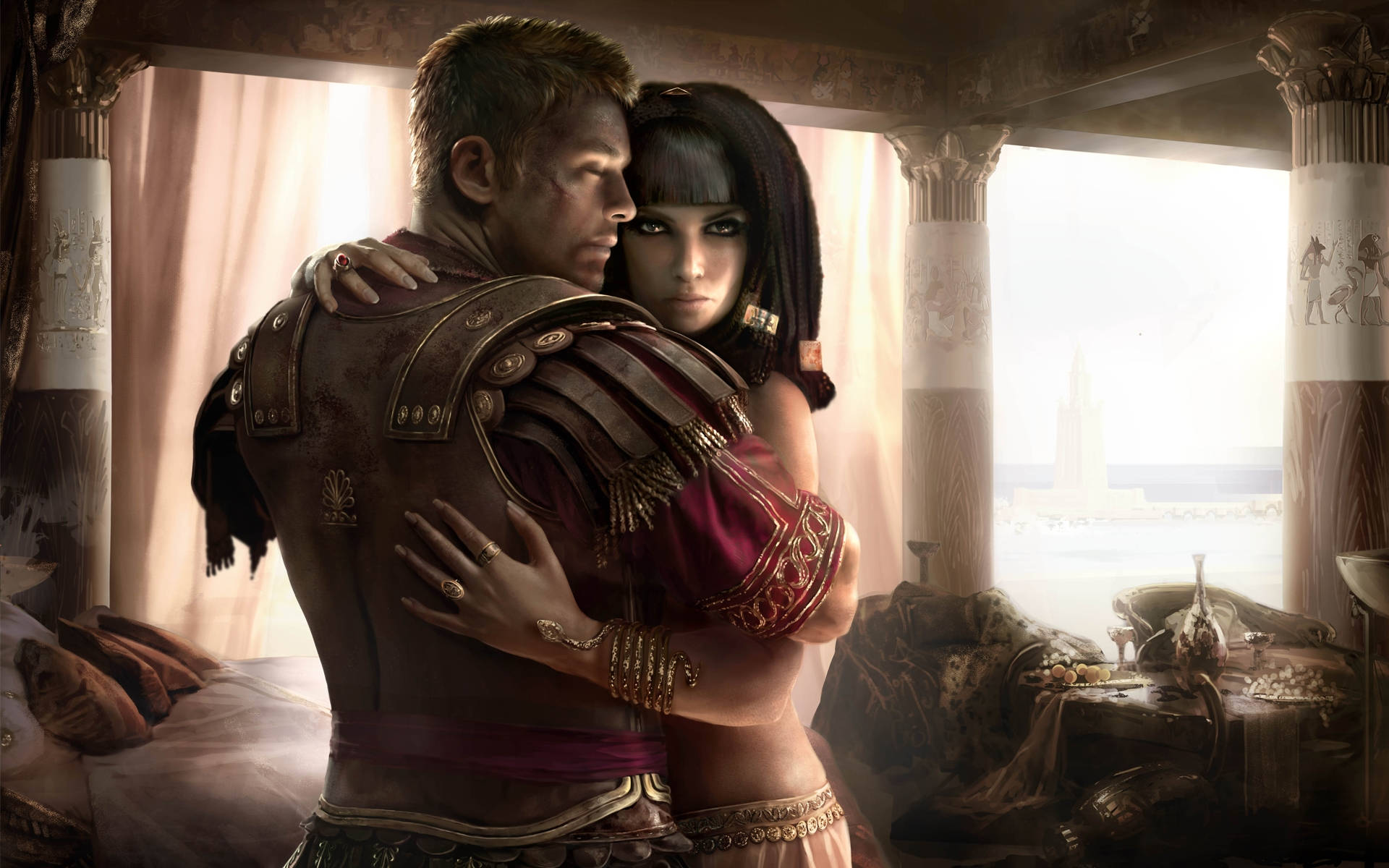 Rome 2 Total War 桌布 壁紙 — 一名羅馬士兵在陽光普照的宮殿房間裡擁抱一名埃及女子，房間內有華麗的柱子和垂墜的布料。