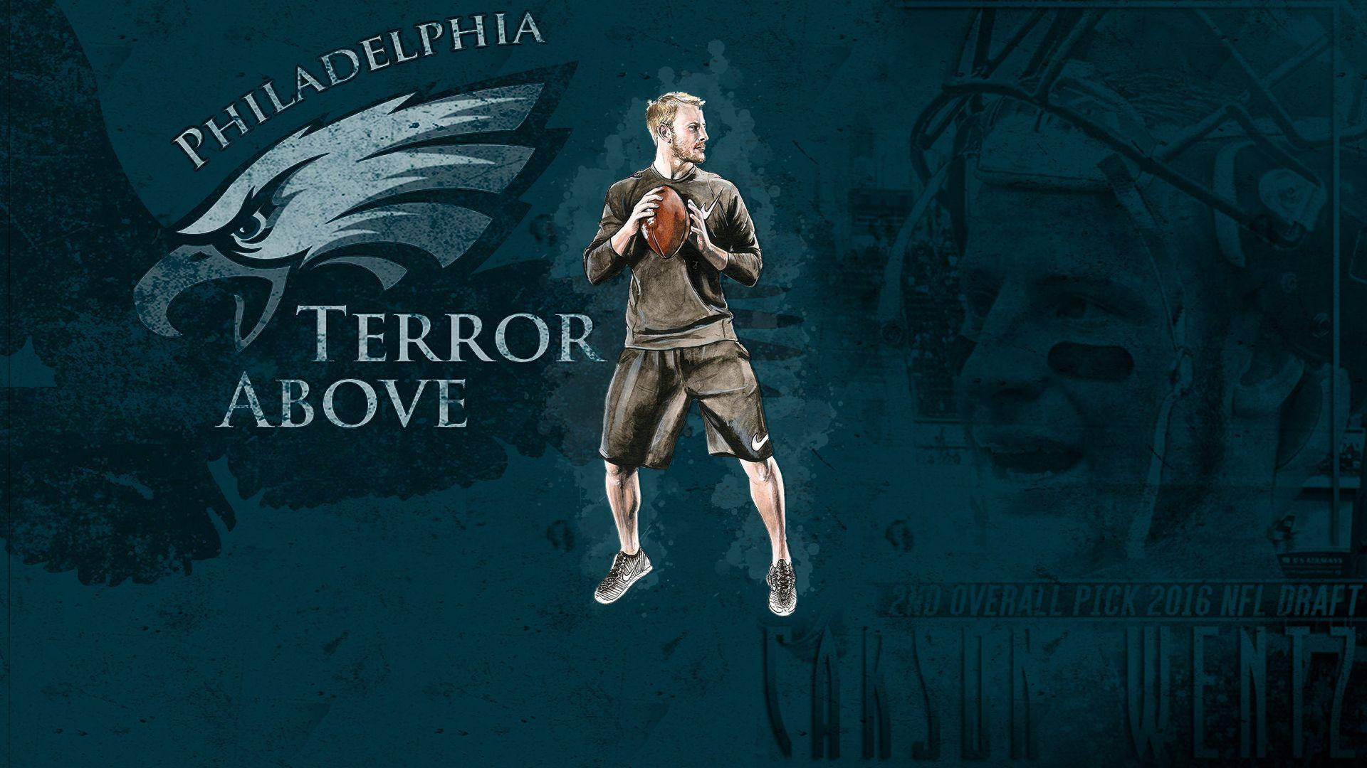 美式足球員動作中，帶有費城老鷹隊標誌及「Terror Above」文字。