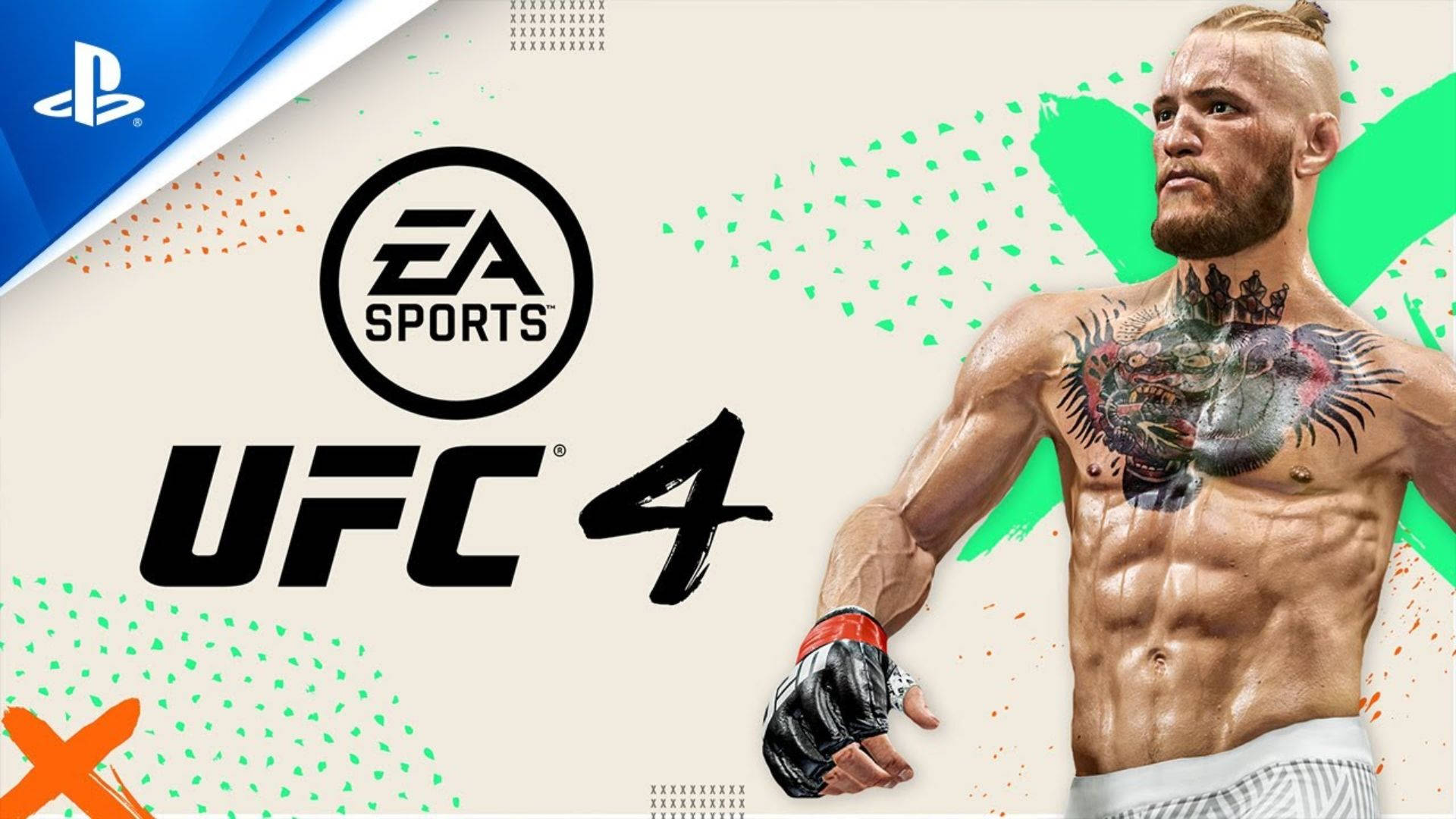 UFC 桌布 壁紙 — 一名肌肉發達、胸前有刺青的戰士自信地站在UFC 4和EA Sports標誌旁邊，背景是色彩繽紛的抽象圖案。