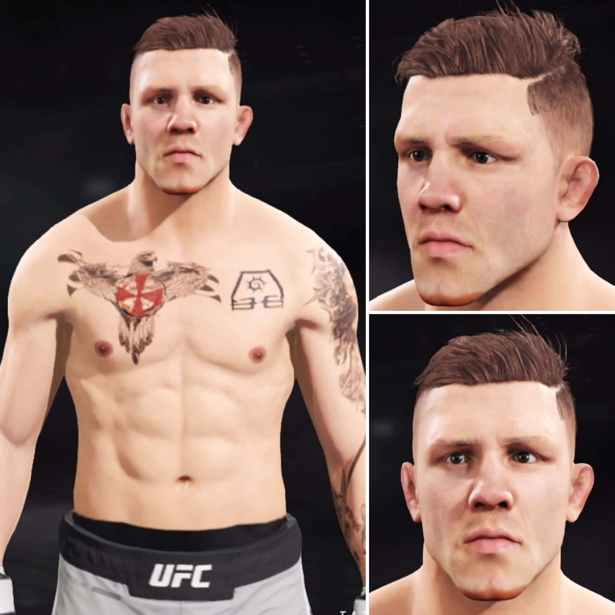 UFC 桌布 壁紙 — 一名肌肉發達的UFC拳手，胸口和手臂上有刺青，以全身和兩個頭部特寫鏡頭展示。
