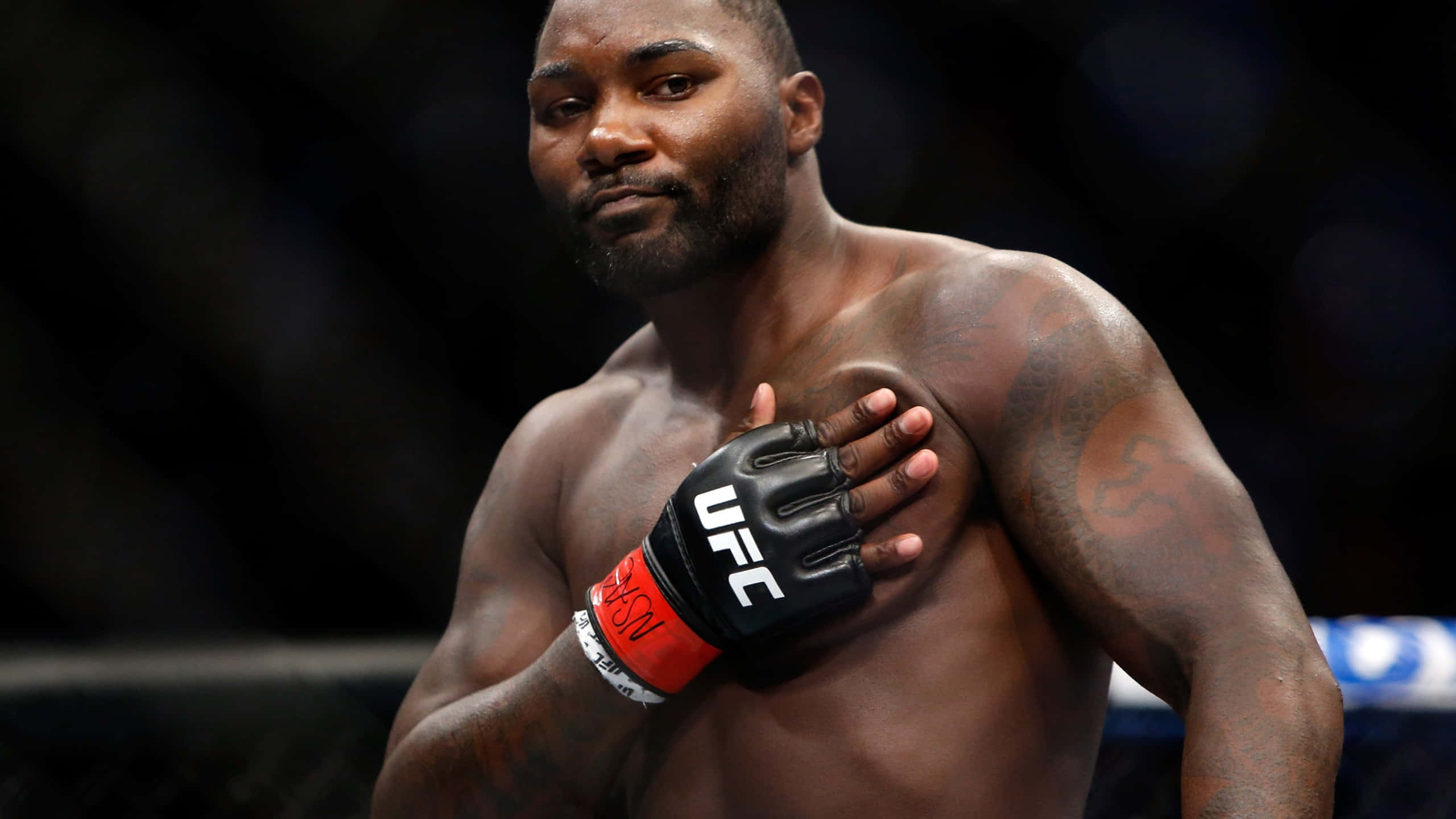 MMA 桌布 壁紙 — 一名肌肉發達的UFC拳手戴著手套，在燈光昏暗的八角籠內將手放在心口上。