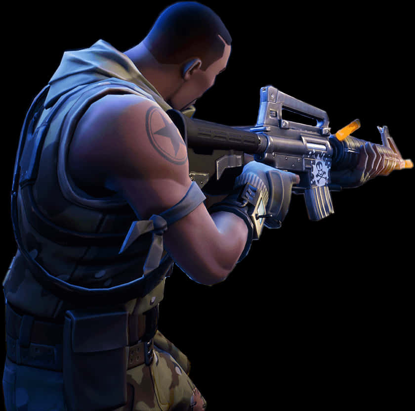 Fortnite Character 桌布 壁紙 — 一名肌肉發達的士兵身穿戰術裝備，在黑色背景前瞄準一把發光的突擊步槍。