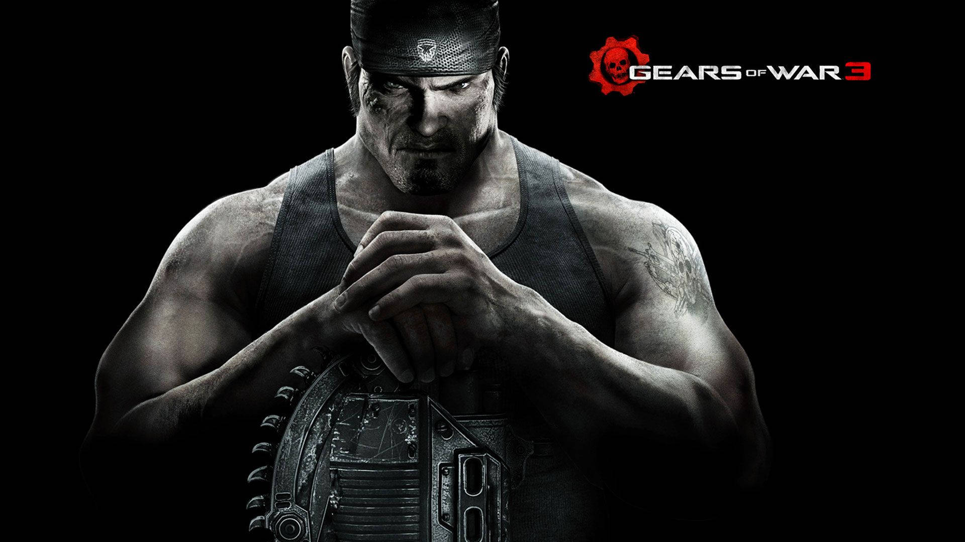 Gears Of War 桌布 壁紙 — 一名肌肉發達的士兵身穿戰術裝備，在黑色背景上凝視著，帶有 Gears of War 3 標誌。