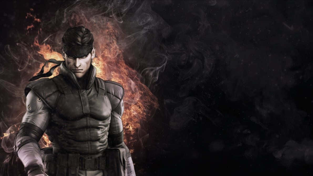 character 桌布 壁紙 — 一名肌肉發達的士兵身穿戰術裝備，在火焰和煙霧於身後翻騰的黑暗背景下挑釁地站立。