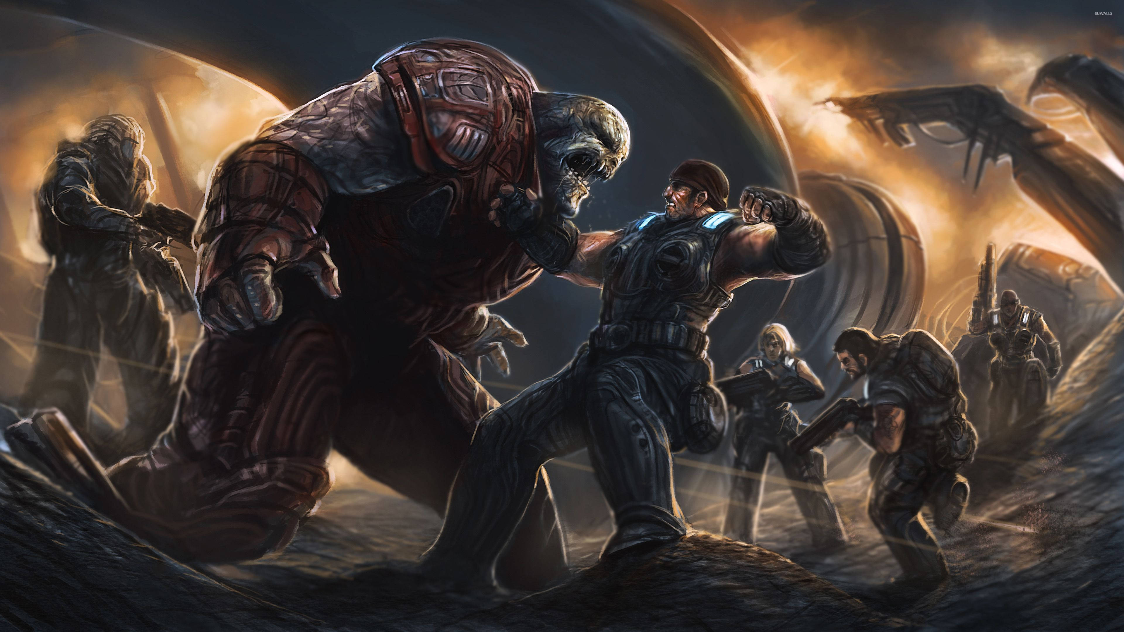 Gears Of War 桌布 壁紙 — 一名肌肉發達的士兵身穿暗色盔甲，在熾熱的外星天空下與巨大的生化機械怪物戰鬥，背景中有戰友。