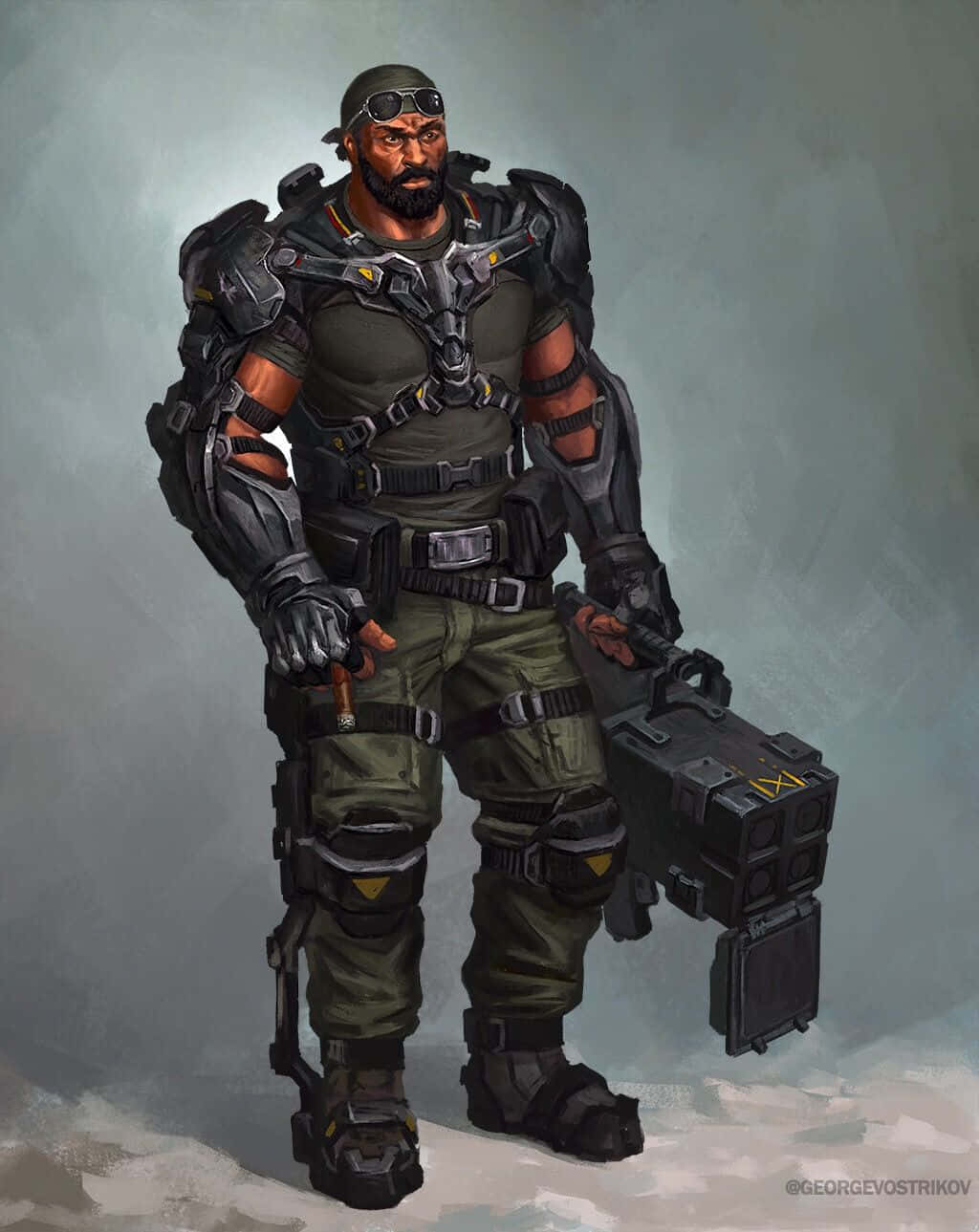 Mortal Kombat Jax 桌布 壁紙 — 一名肌肉發達的士兵身穿重型戰術裝備，手持武器和箱子，站在柔和的灰色背景前。