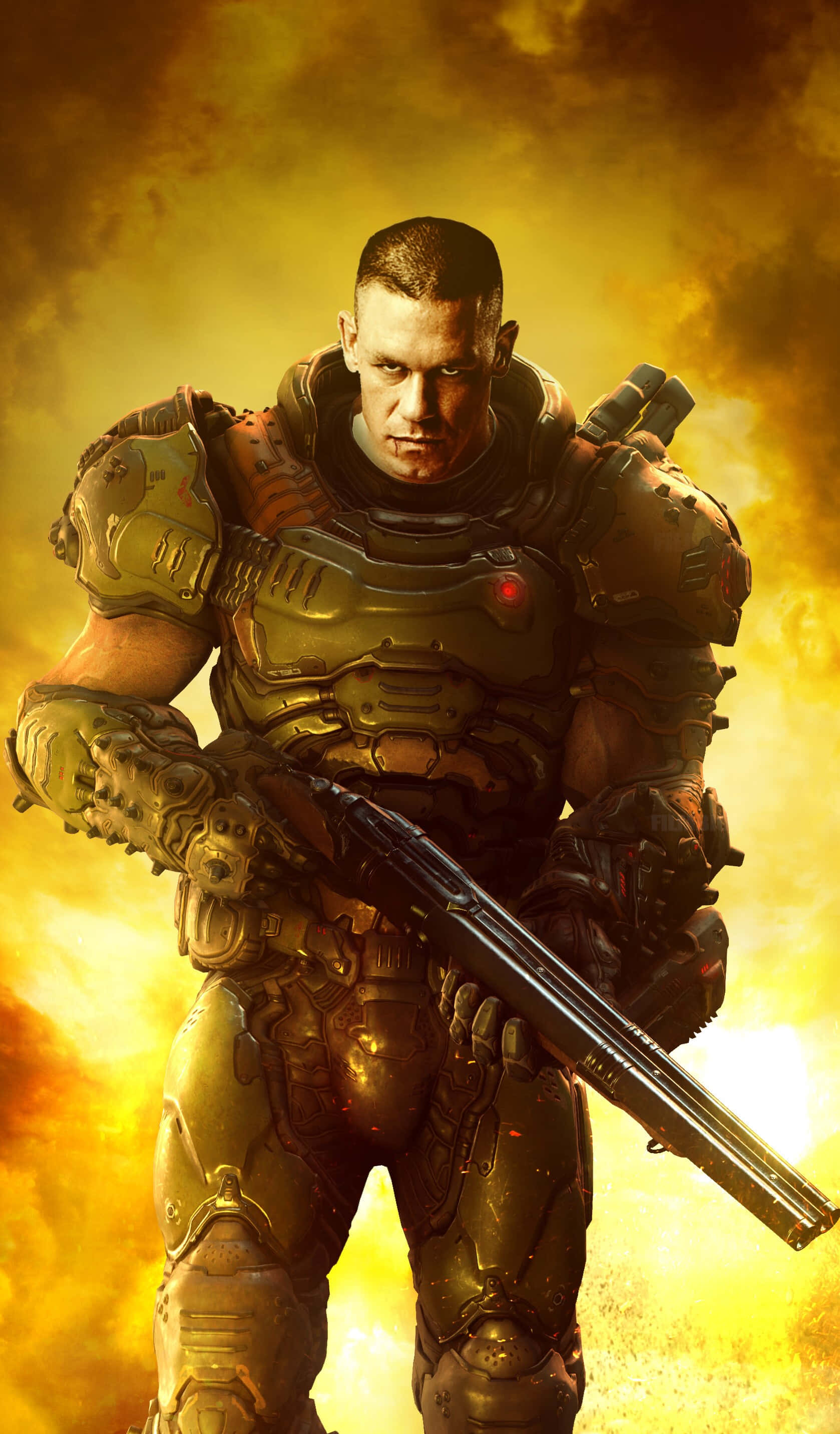 iPhone Xs Gears Of War 5 桌布 壁紙 — 一名肌肉發達的士兵身穿重型裝甲，握著霰彈槍，背景是熾熱的橙色和黃色爆炸。
