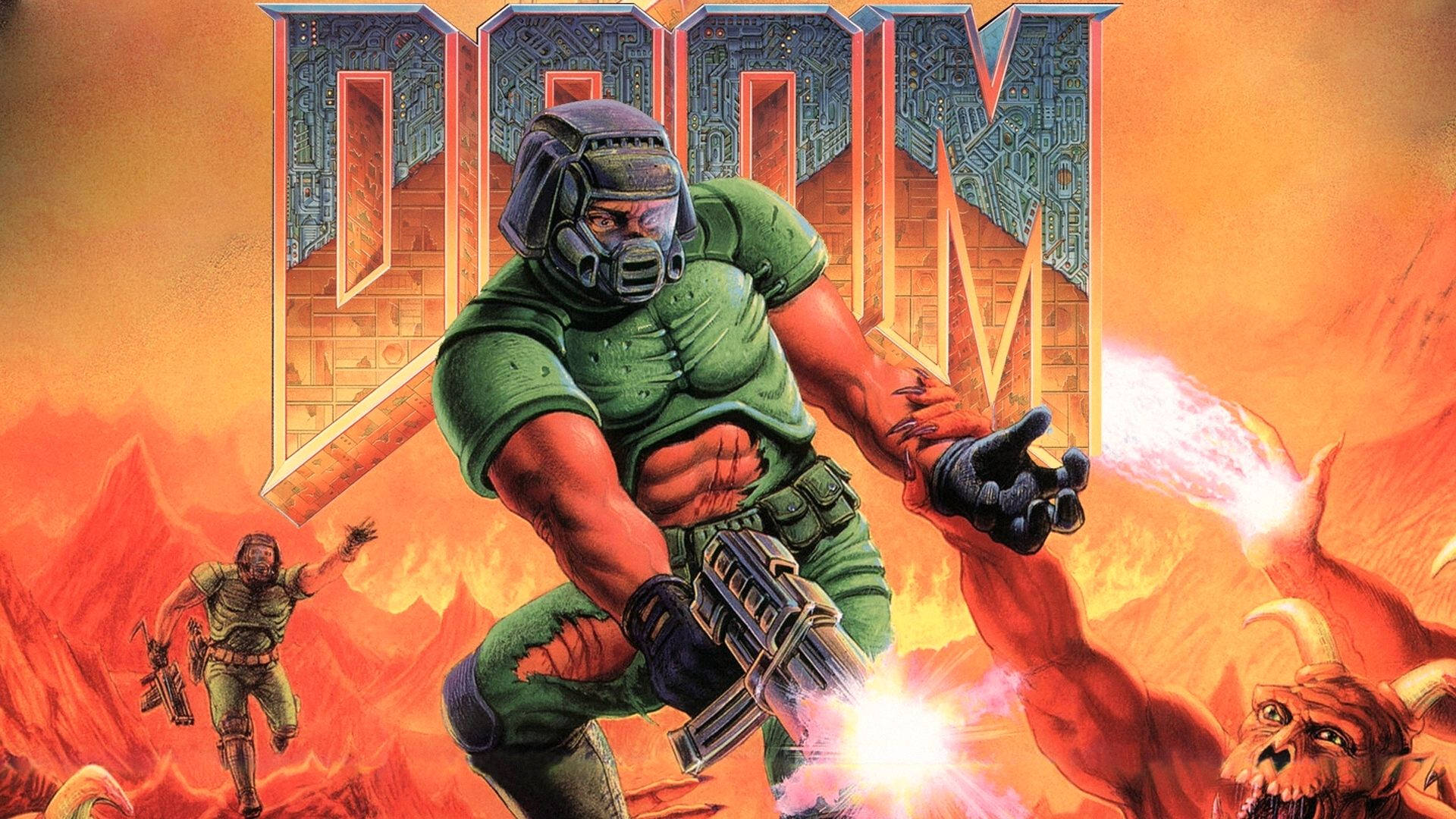 Doom 4K 桌布 壁紙 — 一名肌肉發達的太空陸戰隊員身穿綠色盔甲，在熾熱的橙色外星景觀中向惡魔生物開火。