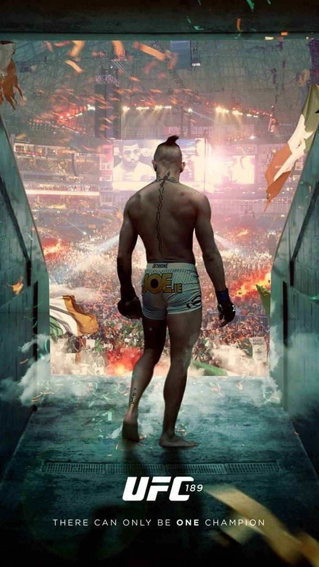 UFC 桌布 壁紙 — 一名肌肉發達的戰士沿著隧道走向咆哮的競技場，周圍飄落著五彩紙屑。