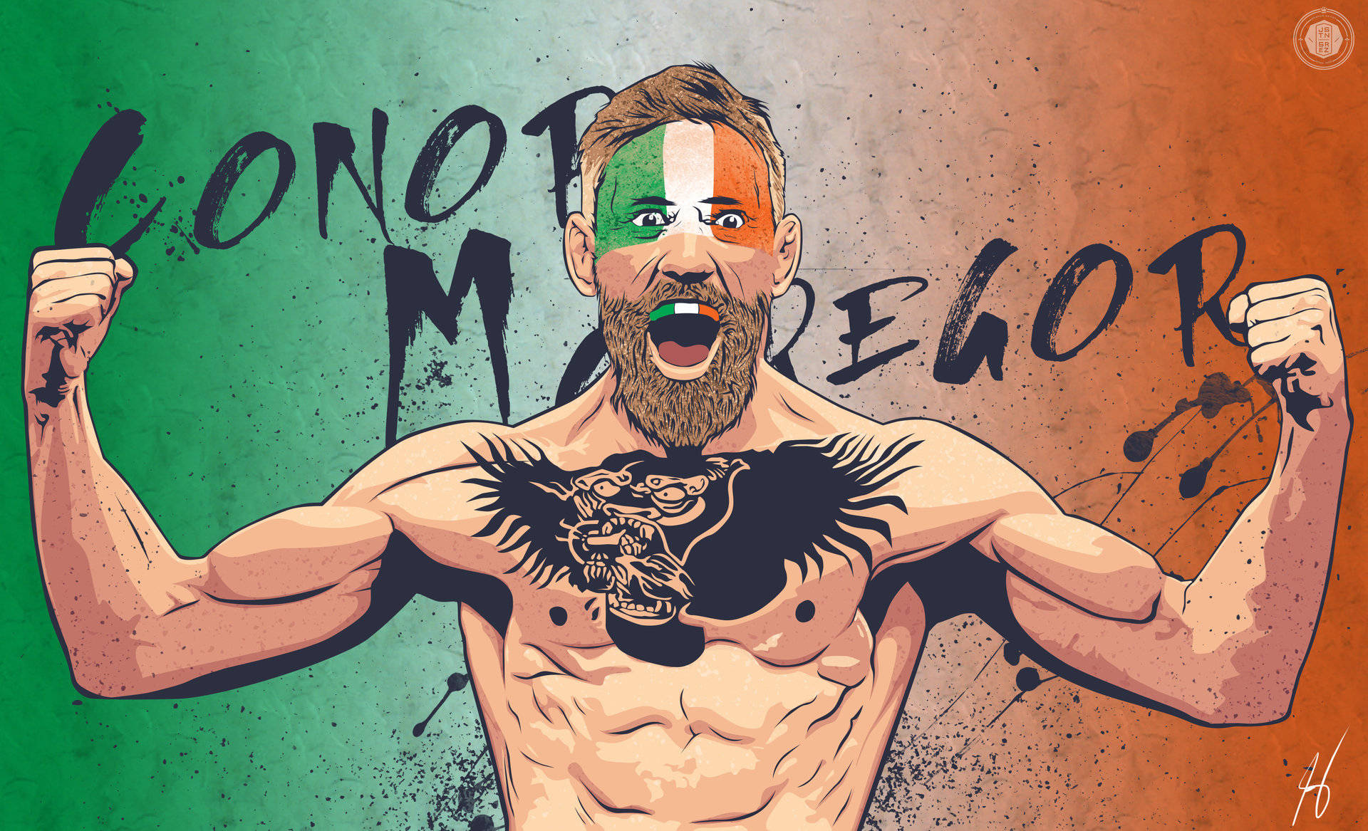 Mcgregor 桌布 壁紙 — 一名肌肉發達的戰士臉上畫著愛爾蘭國旗，在綠色、橙色和白色的背景下勝利地展示肌肉。