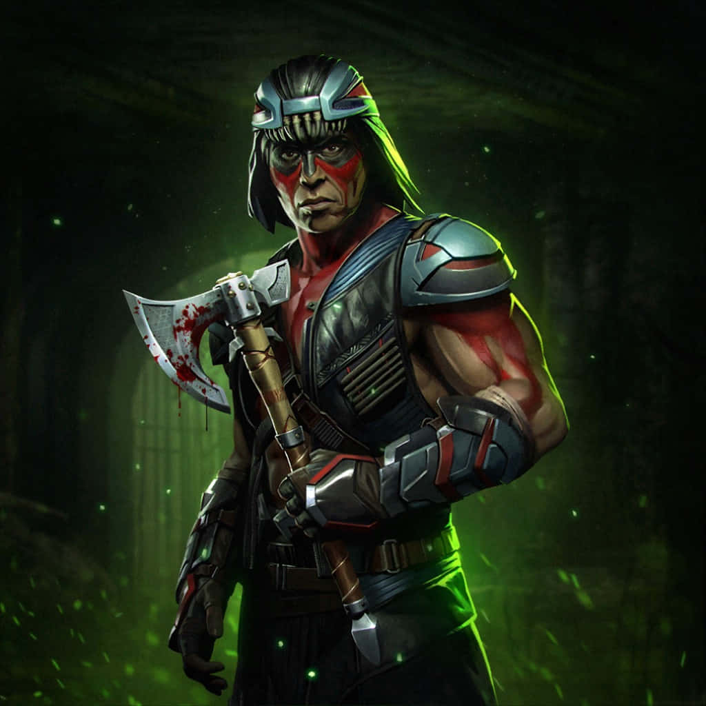 Mortal Kombat Nightwolf 桌布 壁紙 — 一名肌肉發達的戰士身穿暗色盔甲，臉上塗有紅色顏料，在詭異的綠色森林光線下緊握一把沾滿鮮血的斧頭。