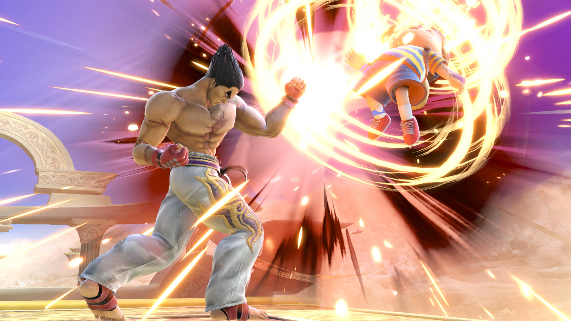 kazuya mishima 桌布 壁紙 — 一名肌肉發達的戰士釋放出發光的金色能量衝擊波，將對手擊飛到空中，背景是充滿活力的紫色和橙色天空。