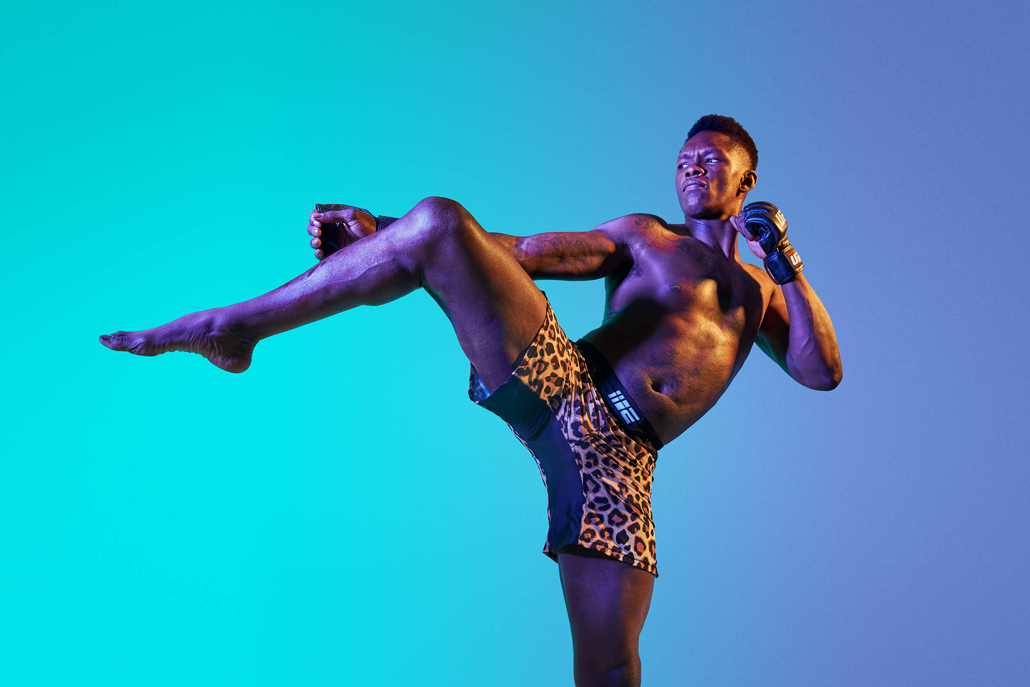 Adesanya 桌布 壁紙 — 一名肌肉發達的拳手在充滿活力的青色和藍色漸變背景上執行高踢腿。