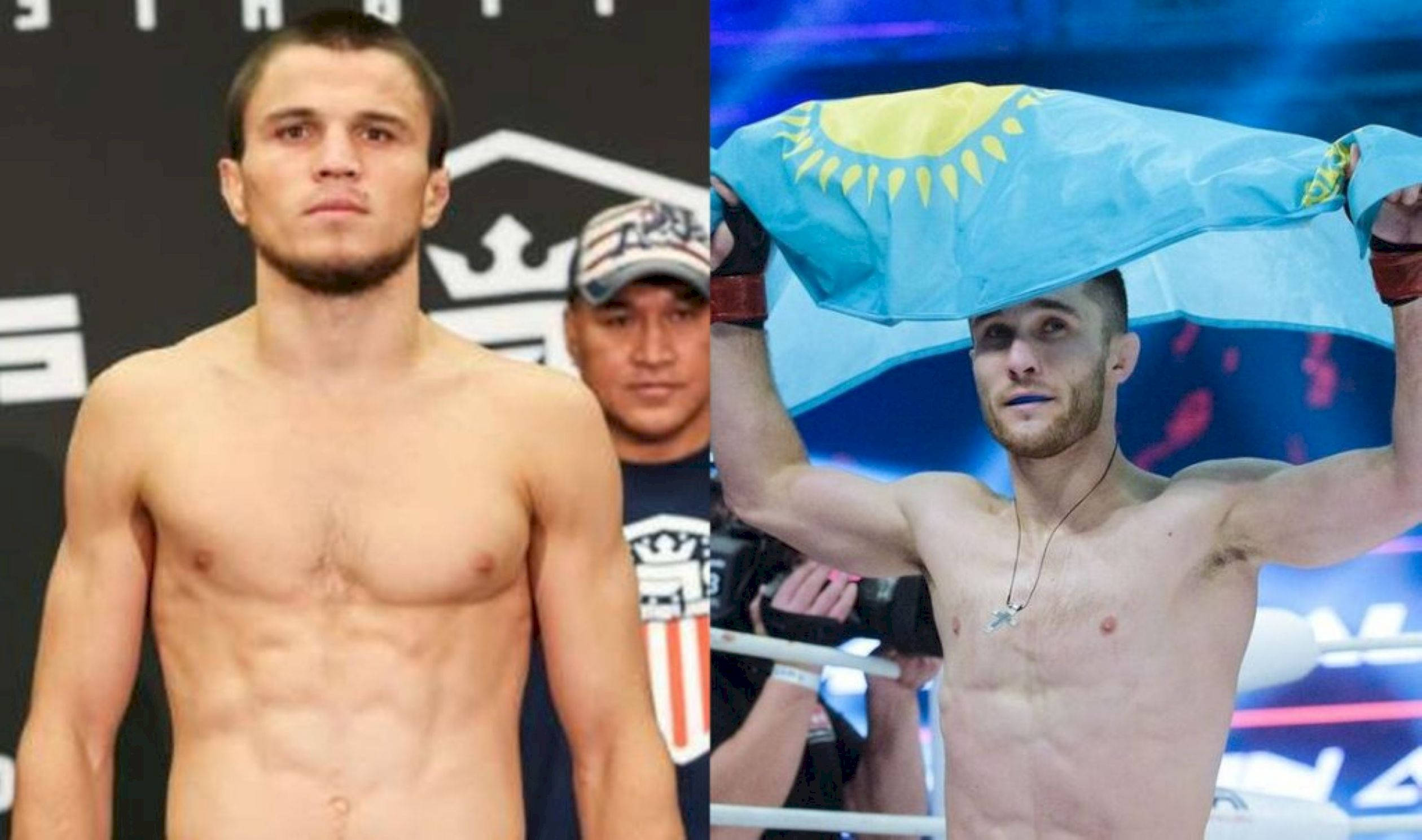 UFC 桌布 壁紙 — 一名肌肉發達的拳手在稱重時赤裸上身，然後在擂台上勝利地舉起一面藍黃旗。