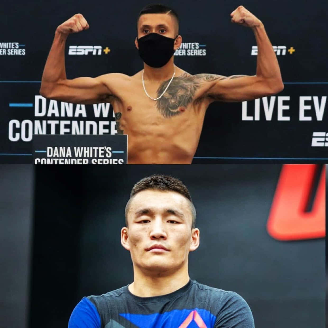 MMA 桌布 壁紙 — 一名肌肉發達的拳手赤裸上身展示獅子刺青，另一名拳手在UFC稱重現場專注地凝視。