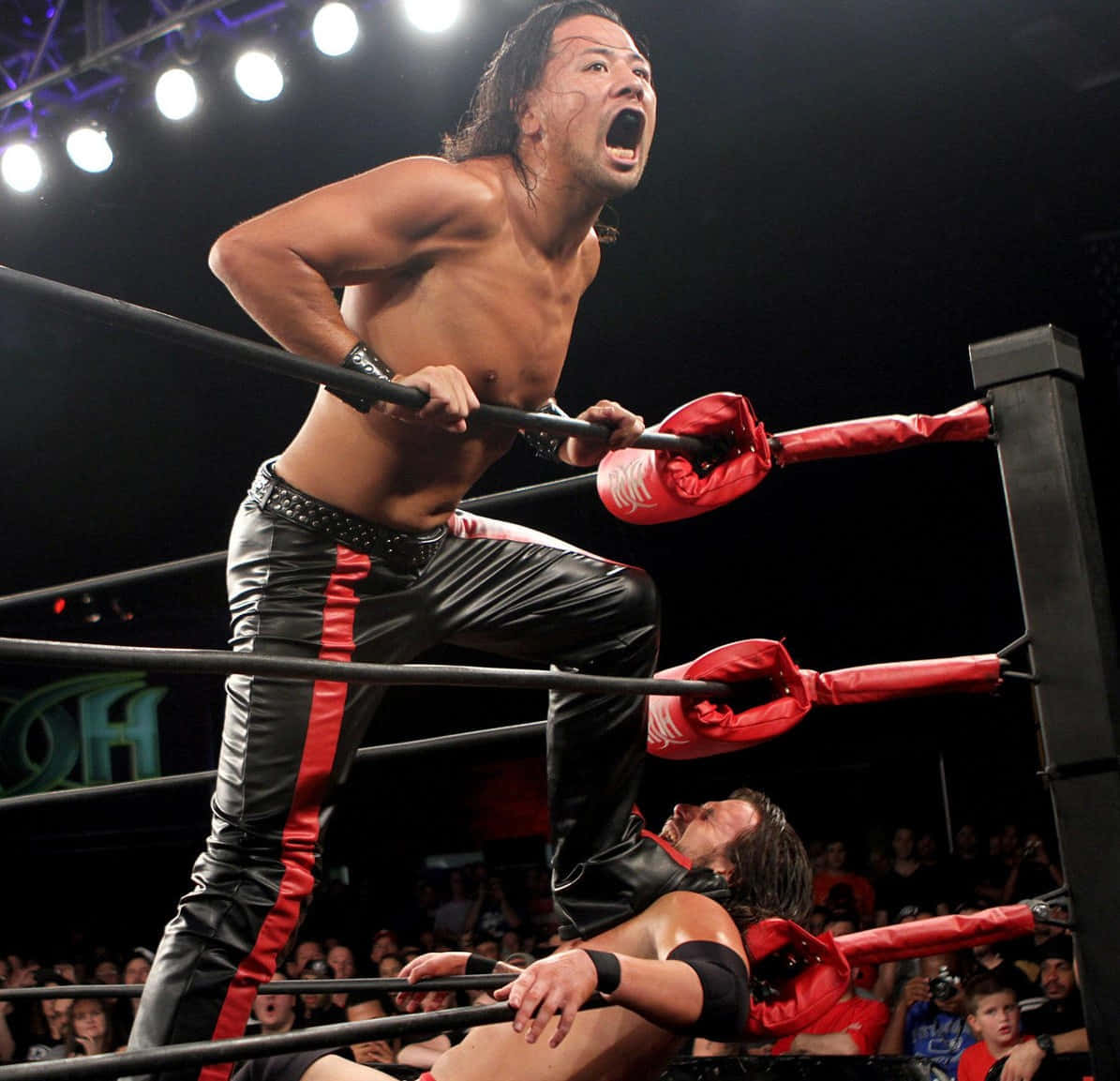 WWE 桌布 壁紙 — 一名肌肉發達的摔角手尖叫著從頂繩跳下，撲向燈光明亮的擂台上的對手。