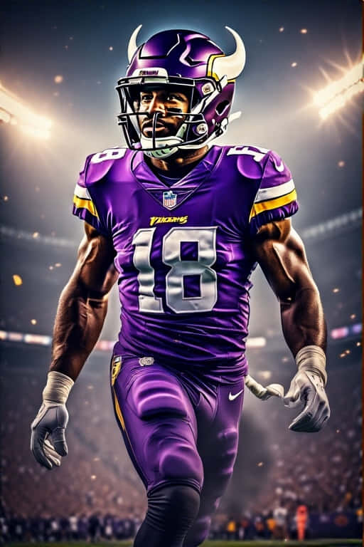 Minnesota Vikings Action 壁紙 — 一名肌肉發達的明尼蘇達維京人美式足球員，身穿紫色18號球衣，在體育場燈光下衝刺，背景有觀眾。