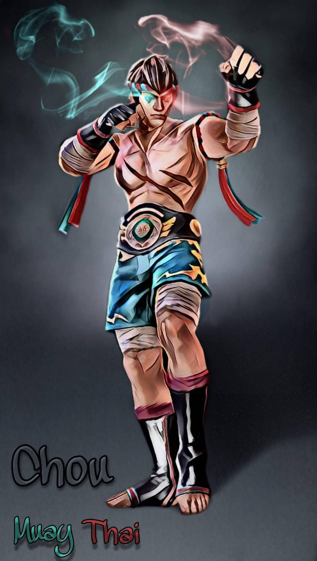 Mobile Legends 動態圖 桌布 壁紙 — 一名肌肉發達的泰拳拳手穿著鮮豔短褲和手套，在深色漸變背景前擺出強力姿勢，拳頭周圍環繞著發光的能量。