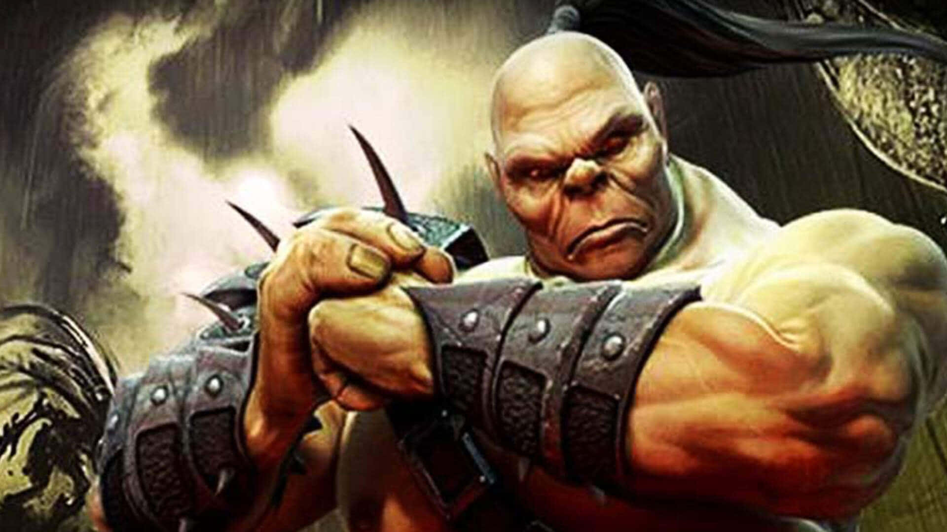 Mortal Kombat Goro 桌布 壁紙 — 一名肌肉發達的獸人戰士，戴著尖刺護手，在風暴和煙霧瀰漫的戰場上緊握武器。