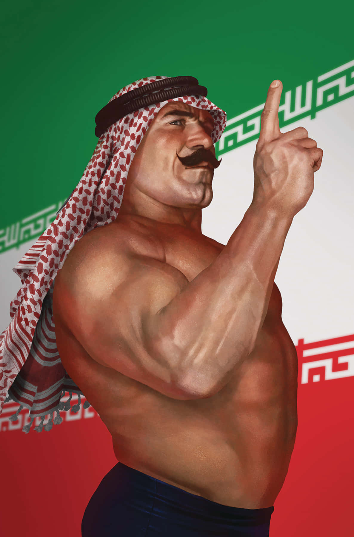 WWE 桌布 壁紙 — 一名肌肉發達的男子，身穿紅白格紋頭巾和深藍色褲子，在帶有阿拉伯文字的綠白紅旗背景下向上指。
